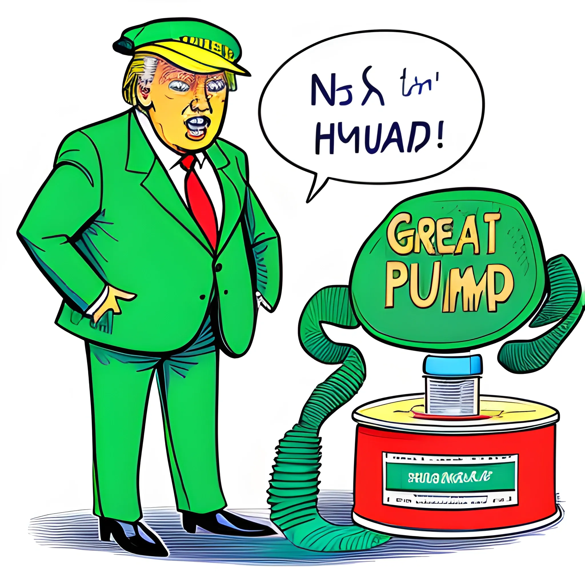 cartoon illustration of donald trump with a green hat saying PUMP - crypto charts behind him