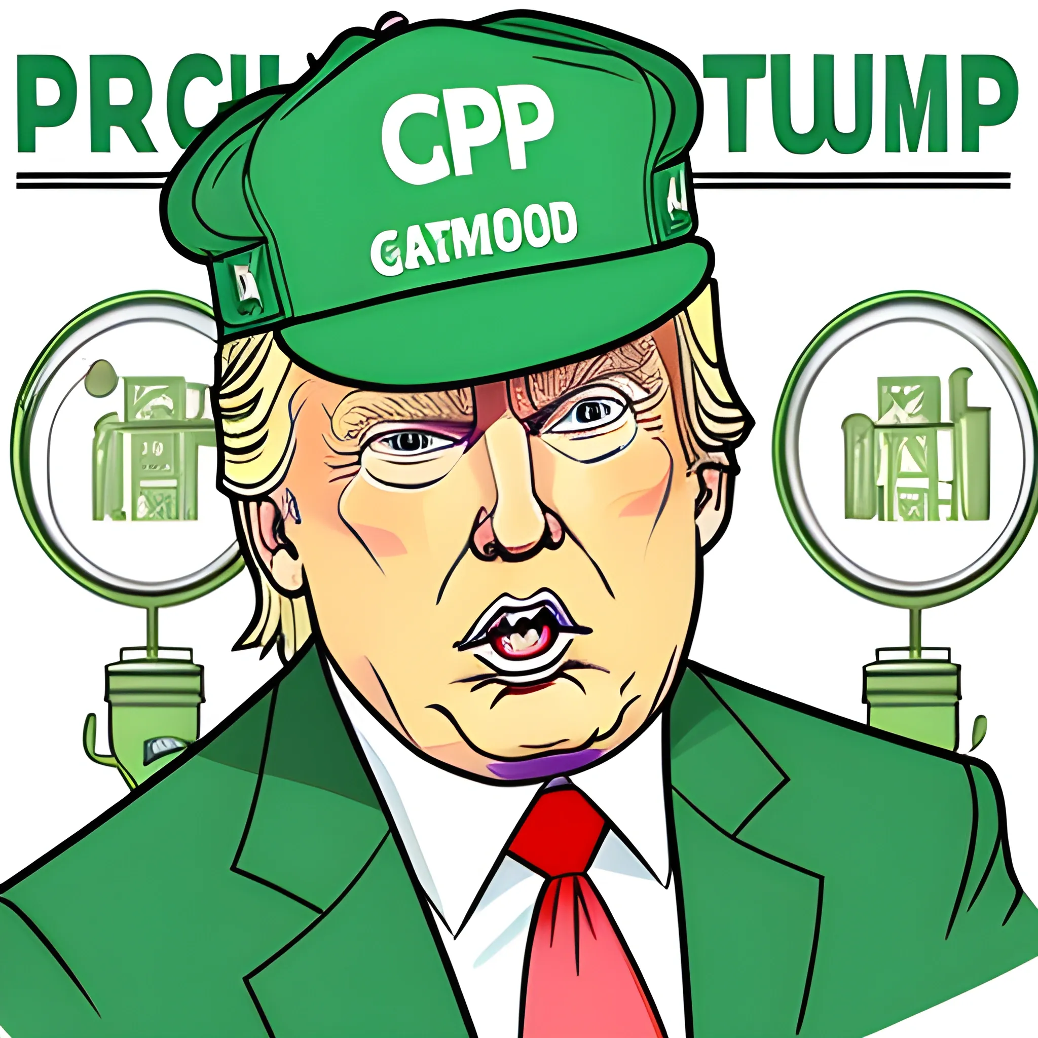 cartoon illustration of donald trump with a green hat saying PUMP - crypto charts behind him