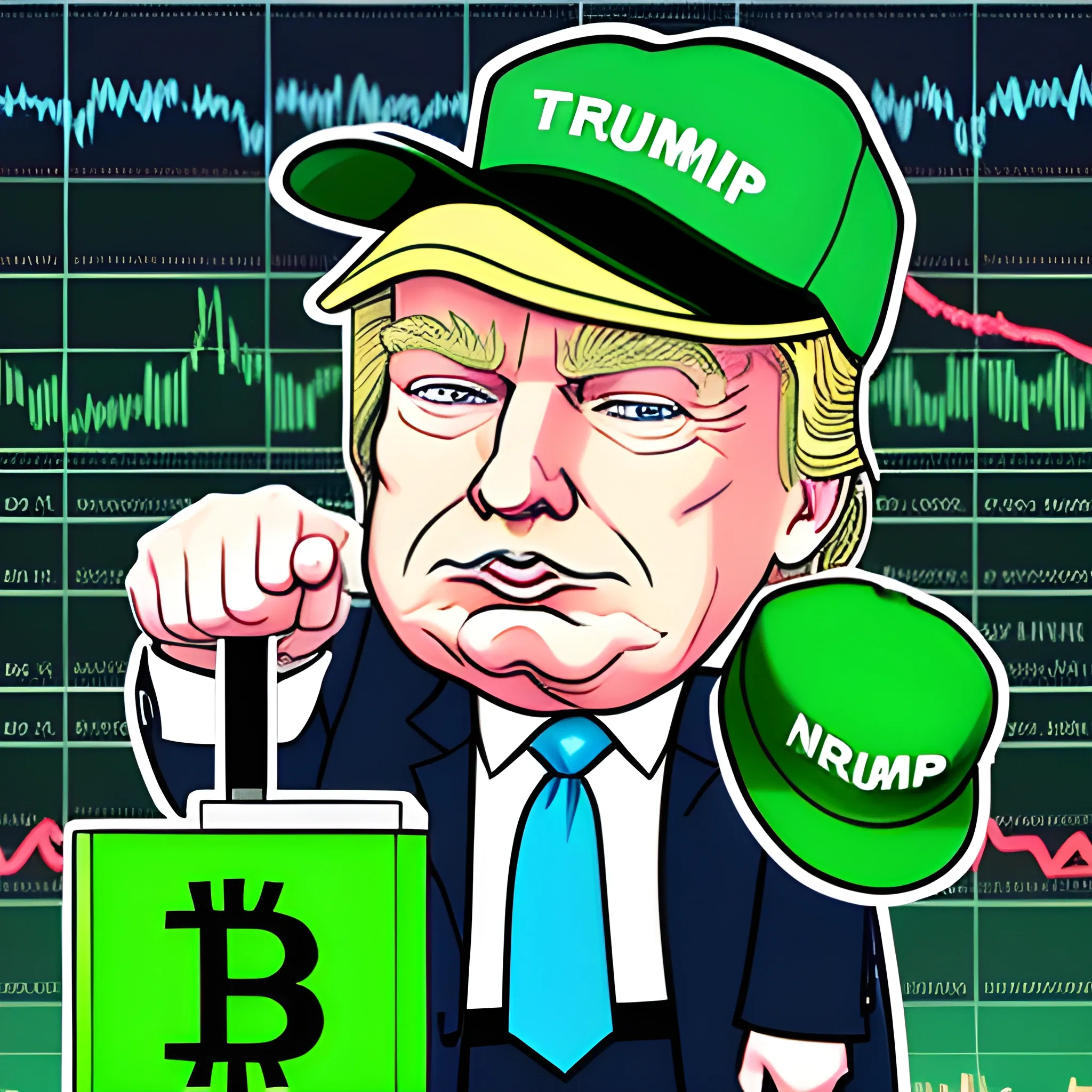 cartoon illustration of donald trump with a green hat saying PUMP - crypto charts behind him