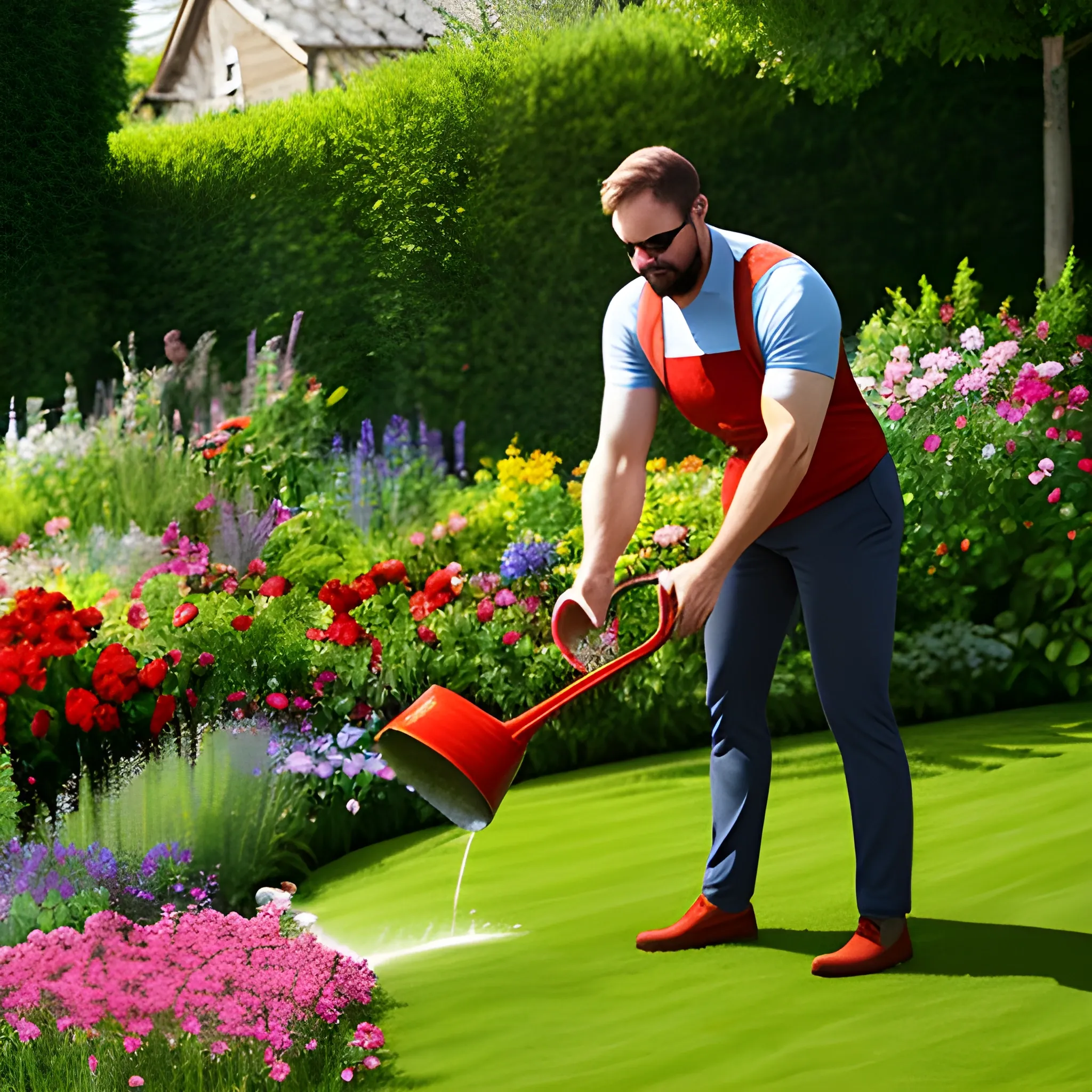 Child gardening. Little boy with red watering can in blooming sunny garden. Kids help in backyard. Summer outdoor fun. Kid taking care of plants and flowers.