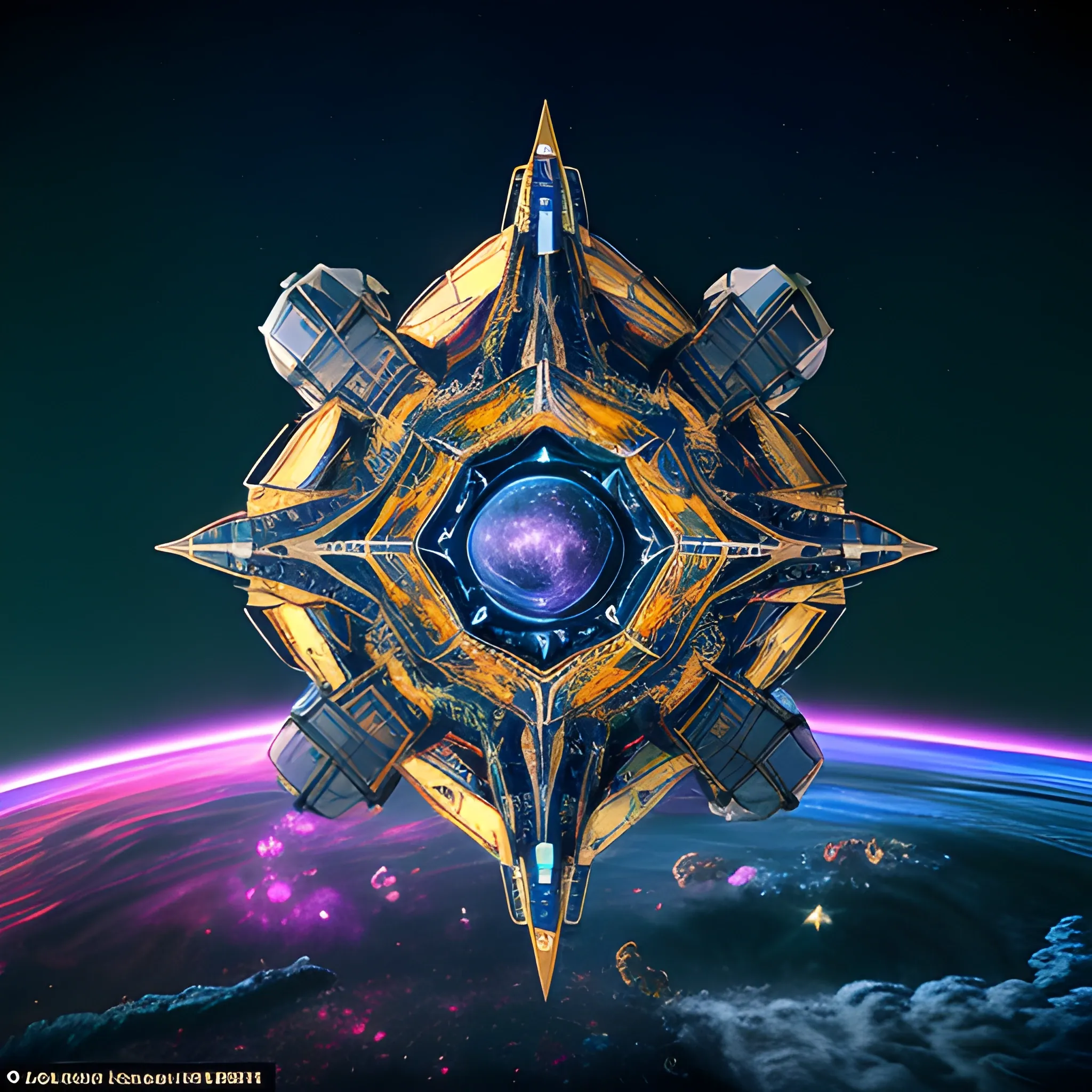 A breathtaking conceptual art piece showcasing an enormous space station, Deep Space 9 style but in the shape of Babylon 5. In the style of protovision and 3D render, the station is surrounded by six O'Neal Class space stations, arranged in equilateral formation, with one in the center. The space station is as massive as 10 times Saturn and generates its own power, illuminating the surrounding area with vibrant glass and crystal diamond-like structures. It's a world memorizing world into itself. At the zenith, of the structure is the command center, in the shape of a metallic gold wired constructed circular 1974 Winnebago. This cinematic scene, inspired by Walter Matt Jeffries, Arthur C Clarke, & Leonardo Da Vinci, features a massive bustling spaceport with hundreds of starships constantly arriving and departing, while the background showcases a stunning cosmic landscape of stars, a nebula, and a comet. It's in 2 million UHD Resolution. The overall composition is a masterful blend of architecture, portrait photography, and the vision of life in the year 5,000., cinematic, vibrant, dark fantasy, architecture, photo, conceptual art, fashion, portrait photography, graffiti, 3d render