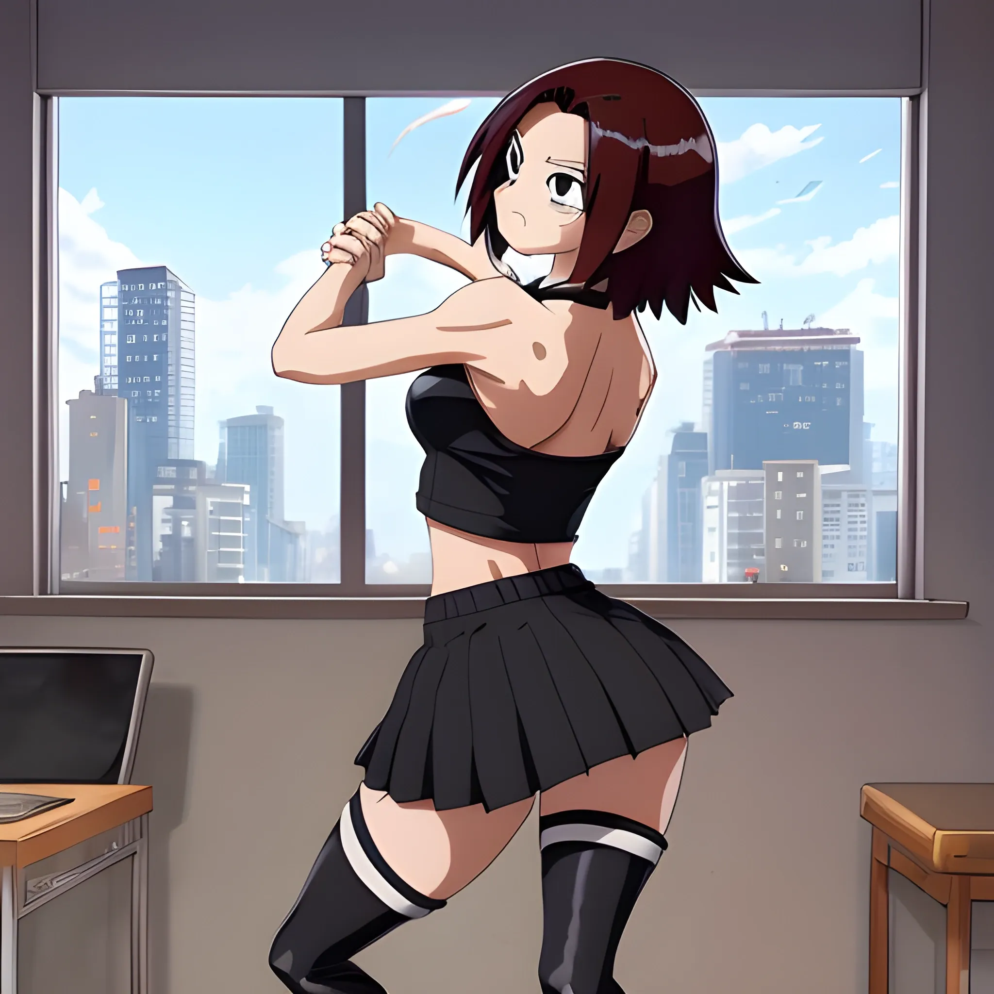 My hero academia, Momo Yaoyorozu, mini skirt, black leggings,  looking over the shoulder, huge butt,  character design,  hands on hips, full body.