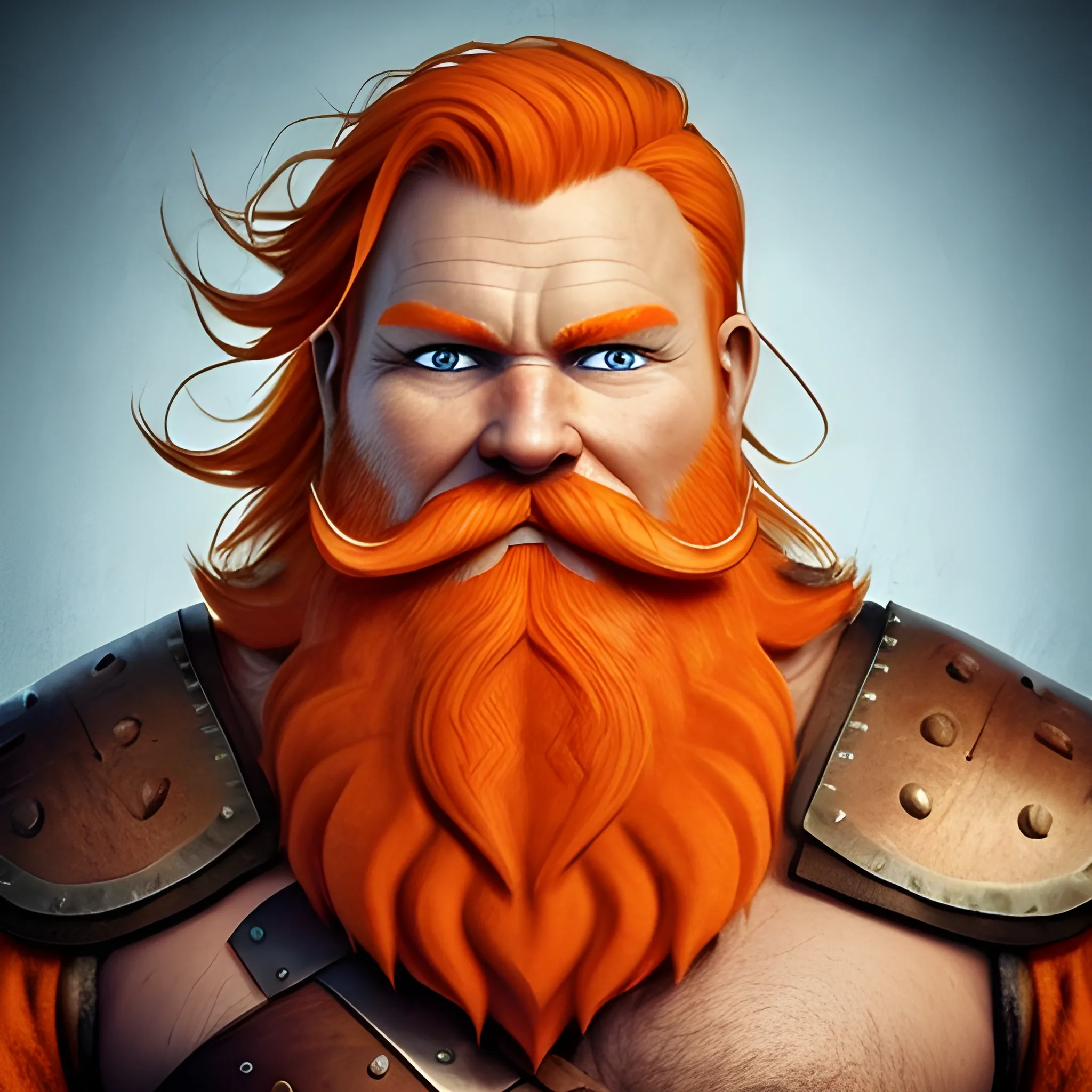 Nordic, Viking, Bulky body, orange beard, orange hair, orange musache, bushy beard, blue eyes, warrior, in his 50's, honorable man. 