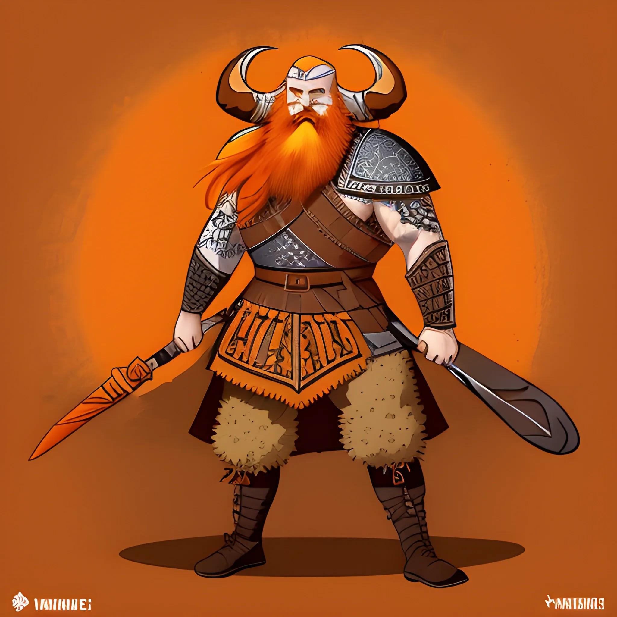 Nordic, Viking, Bulky body, orange beard, orange hair, orange musache, bushy beard, blue eyes, warrior, in his 50's, honorable man, 2/3 perspective, full body. 