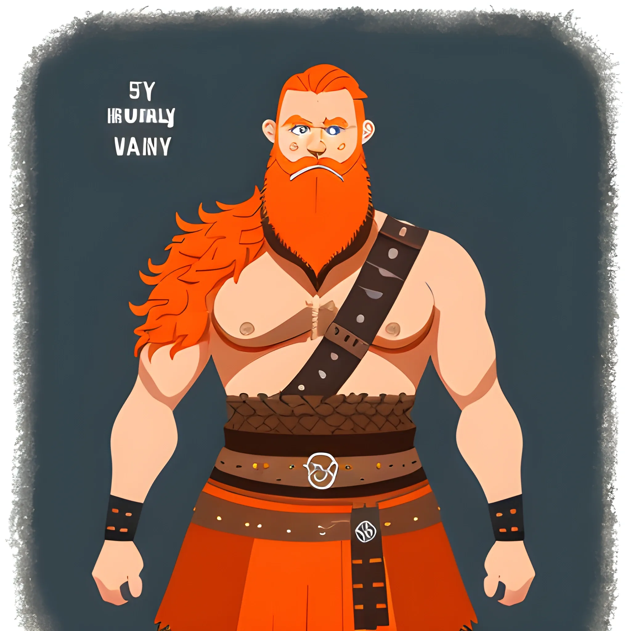 Nordic, Viking, Bulky body, orange beard, orange hair, orange musache, bushy beard, blue eyes, warrior, in his 50's, honorable man, 2/3 perspective, full body. 