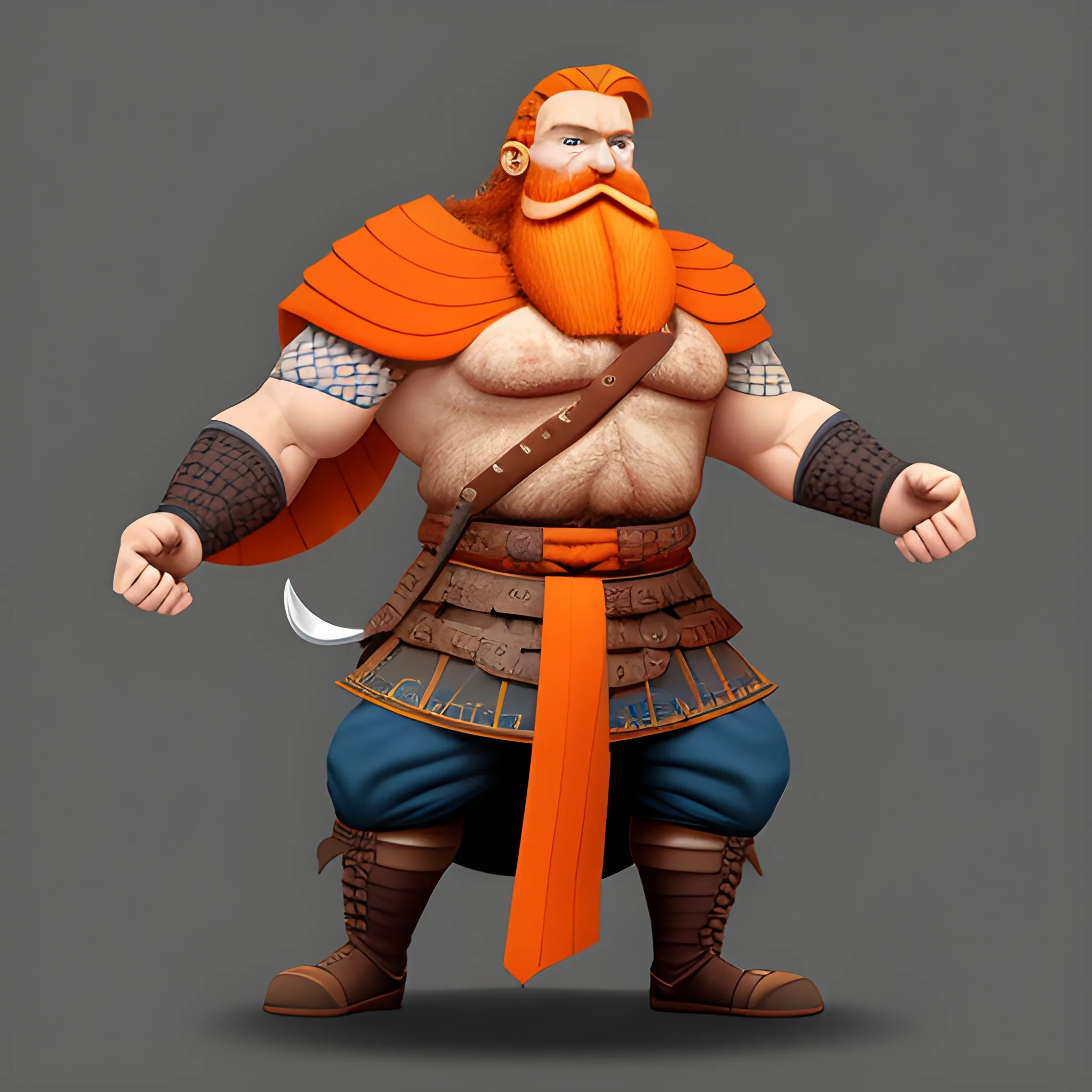 Nordic, Viking, Bulky body, orange beard, orange hair, orange musache, bushy beard, blue eyes, warrior, in his 50's, honorable man, 2/3 perspective, full body. 