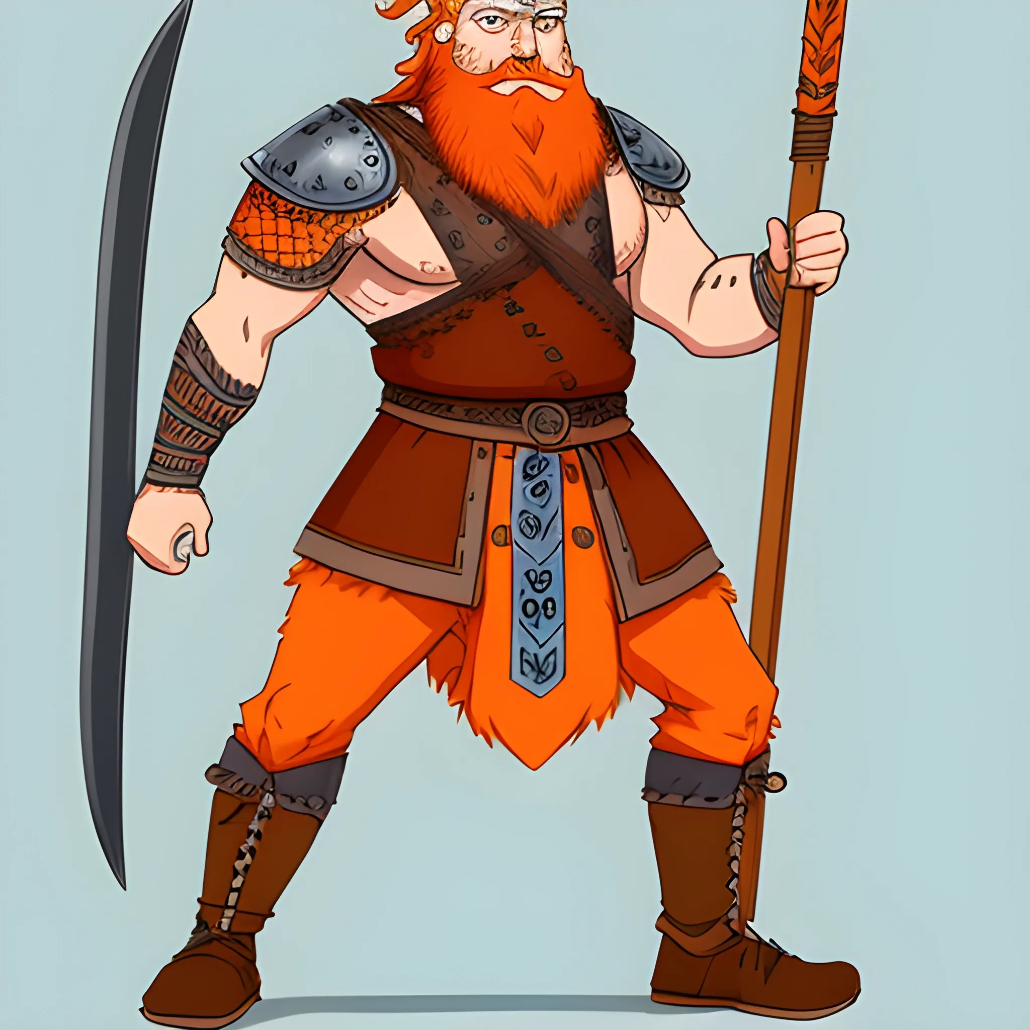 Nordic, Viking, Bulky body, orange beard, orange hair, orange musache, bushy beard, blue eyes, warrior, in his 50's, honorable man, 2/3 perspective, full body. , Cartoon