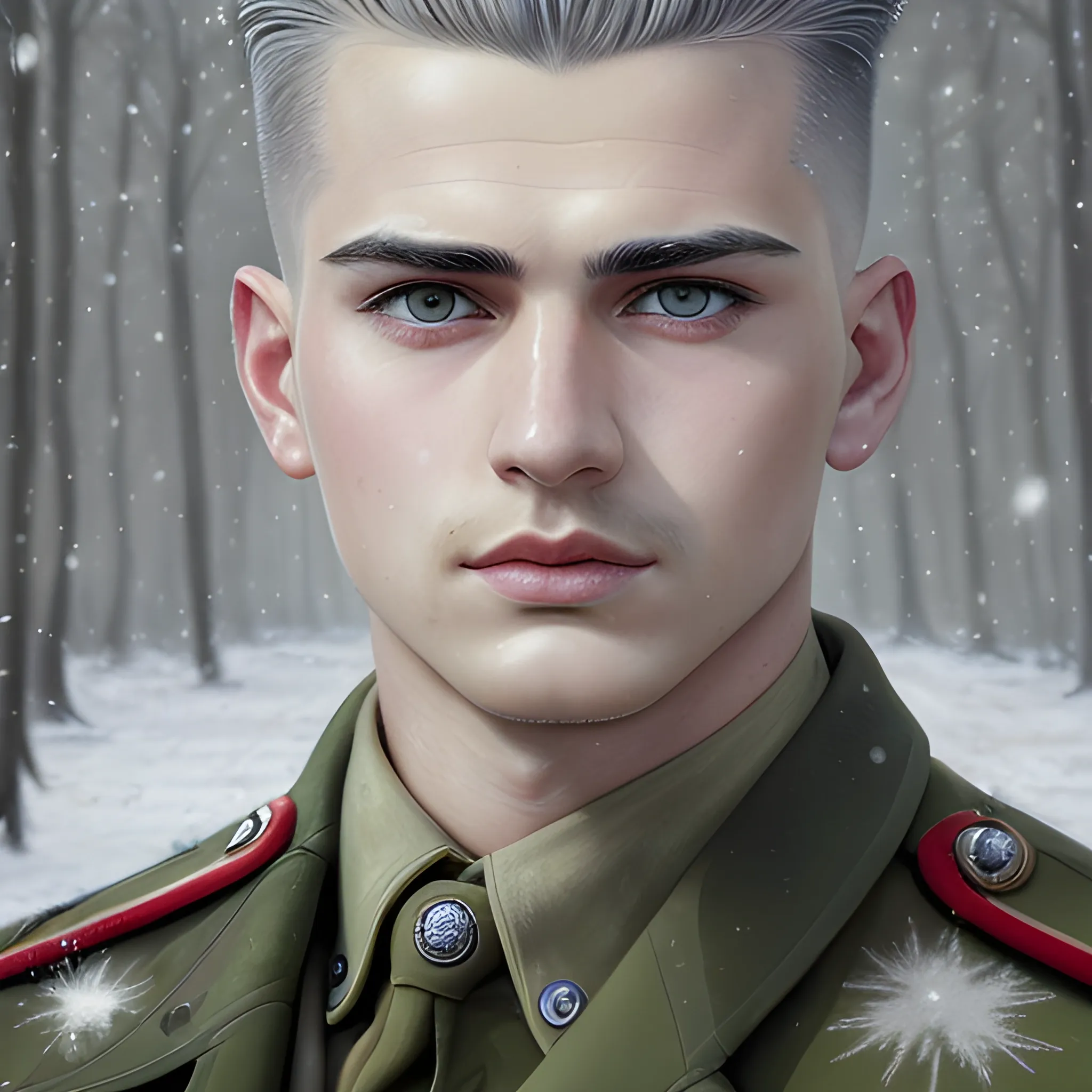 PSEUDO-REALISTIC, semi-realistic, masterpiece, portrait, bold lines, --niji6 --ar 2:3, adult man, man in his twenties, Second World War aesthetic, vintage, Bue eyes, deep eyes, German, military, german soldier, WW2, in a forest, snowing, cabin in the forest, stoic expression, blonde neat hair, militar fade, 1945's aesthetic, full body, crisp details, semi-realism, illustrated --niji 6, masterpiece, German forces, aryan, Detailed eyes, strong, sharp focus, perfect hands, perfect light, Oil Painting