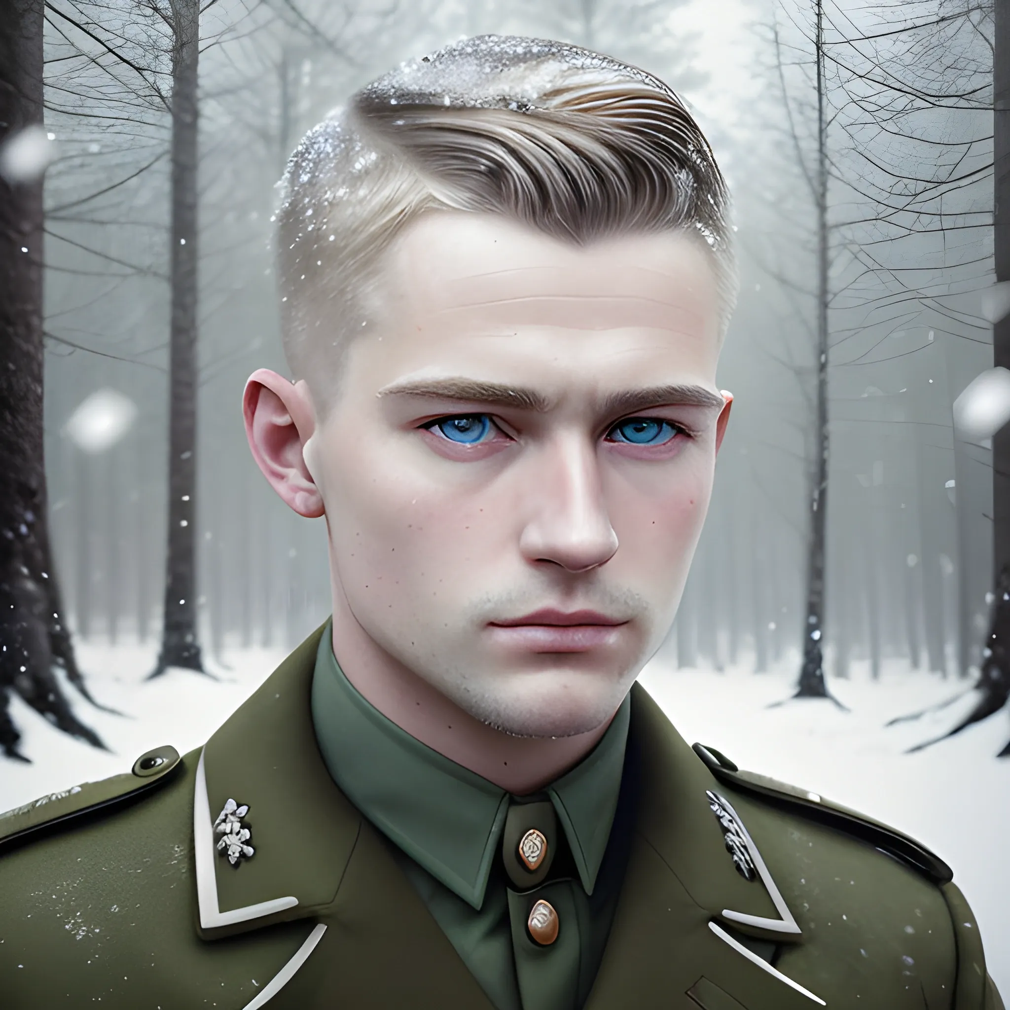 semi-realistic, masterpiece, portrait, adult man, man in his twenties, Second World War aesthetic, vintage, Blue eyes, deep eyes, German, military, german soldier, WW2, in a forest, snowing, cabin in the forest, stoic expression, blonde hair, buzz cut militar fade, 1945's aesthetic, full body, crisp details, illustrated, niji 6, Midjourney, German forces, Detailed eyes, strong, sharp focus, perfect hands, perfect light, Oil Painting