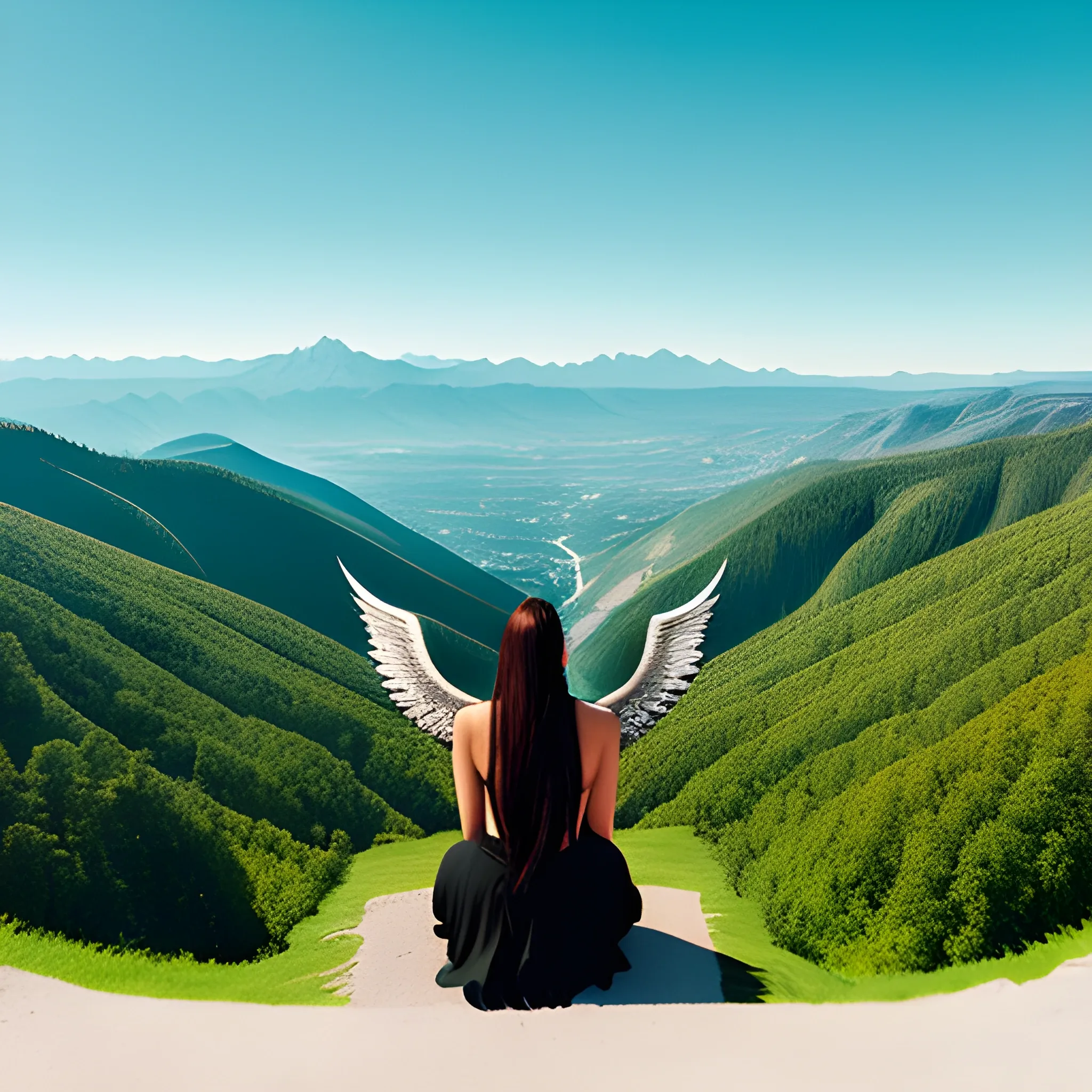 fallen angel, looking at the horizon, on a warm day full of nature, distant mountains, fantasy landscape