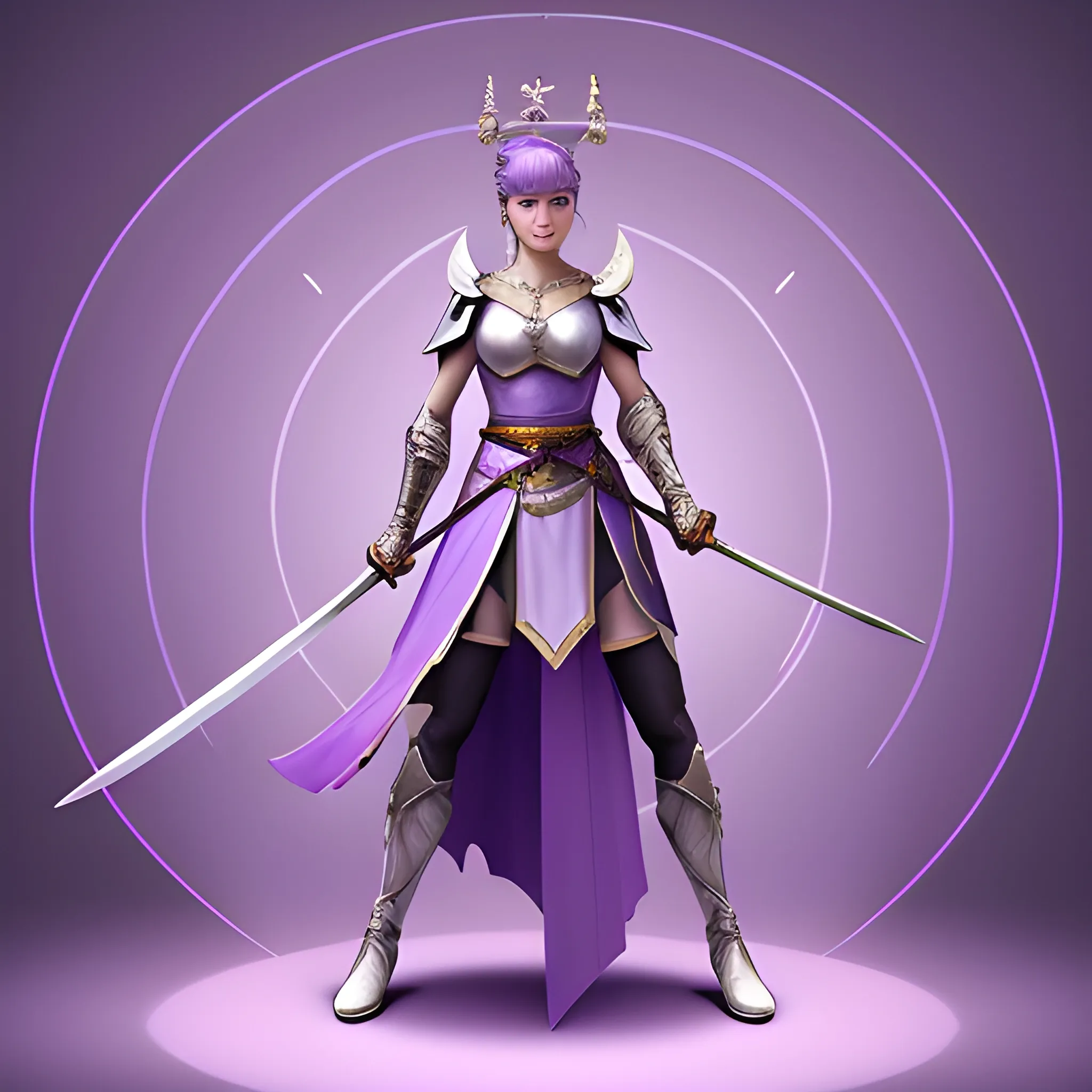 a woman holding swords and standing next to a sword, in the style of light purple and light indigo, 2d, dark white and light amber, dignified poses, li-core, group material, azure, Cartoon