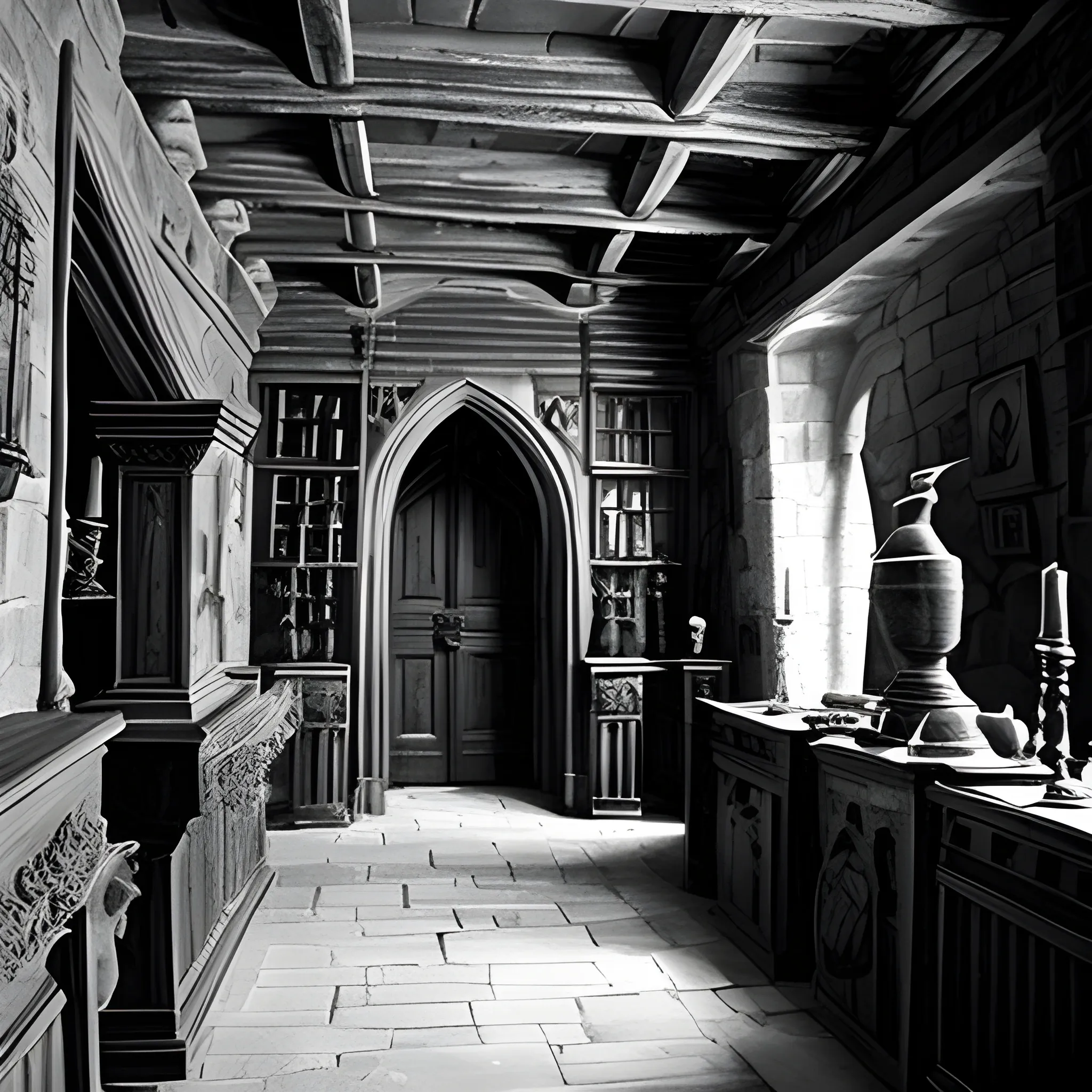 Places inside a castle in a harry potter style full of magic and rituals, the place looks like medieval time reraaly old and without colors.