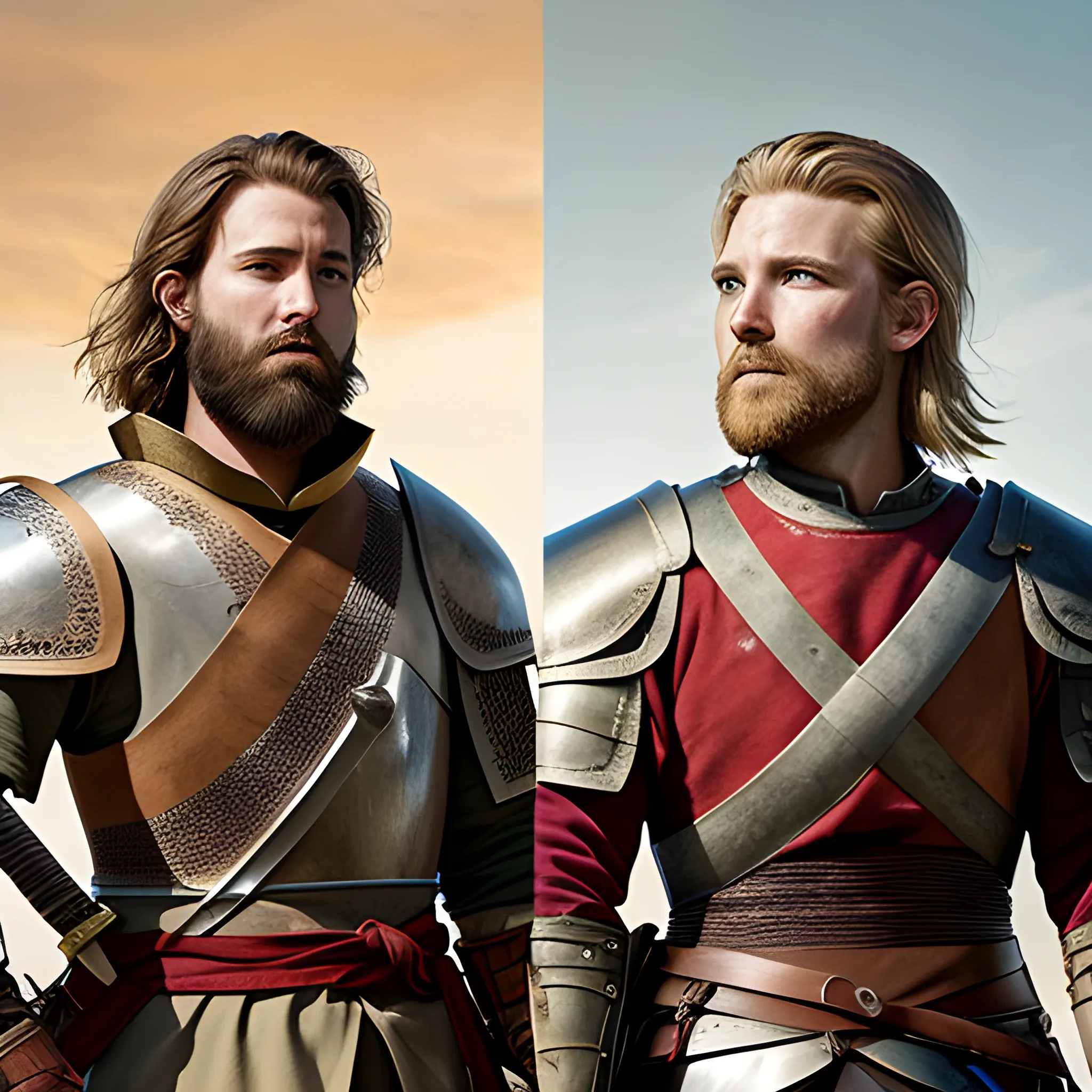 Two Knights, one with brown hair beard scruff short and strong, the other blonde short hair, armoured, one with longbow, one with sword, red fabrics and scars,