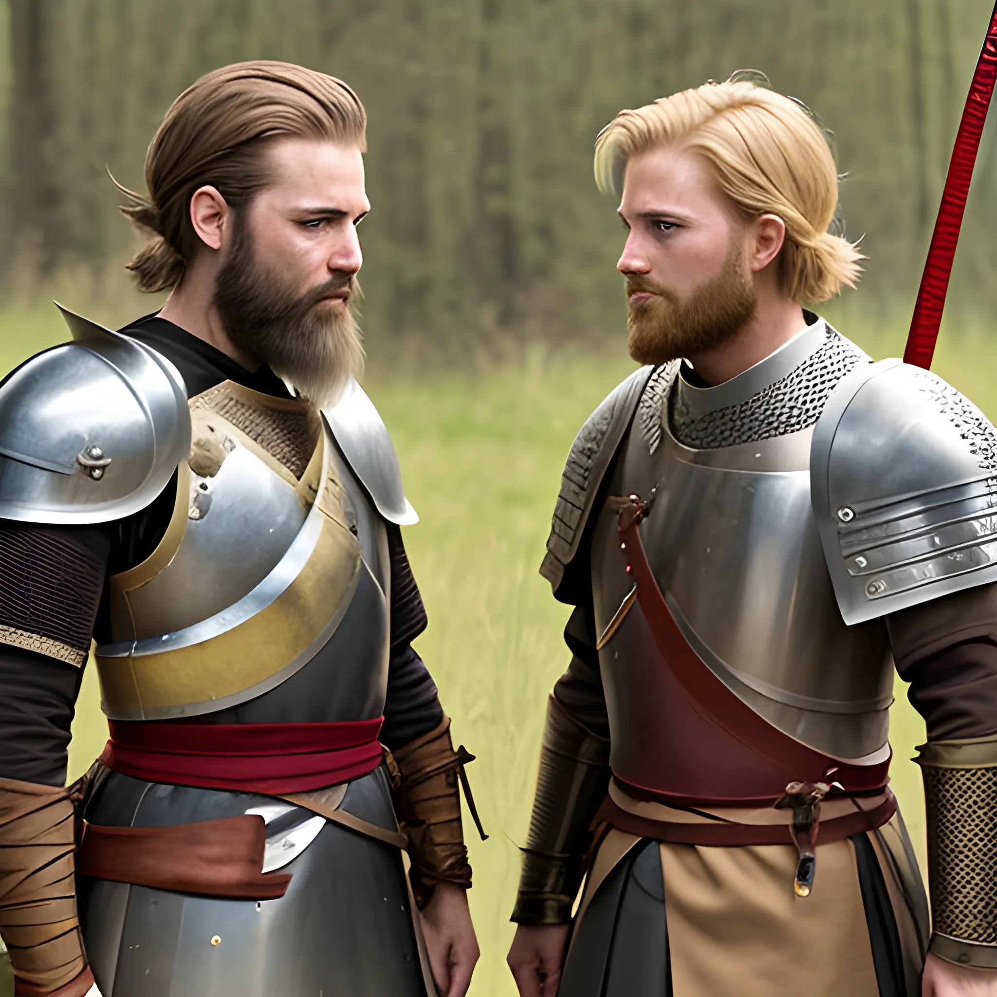 Two Knights, one with brown hair, beard, scruff, short, rough, and strong, the other blonde short hair, prettier, cleaner, taller, armoured, one with longbow, one with sword, red fabrics and scars, 