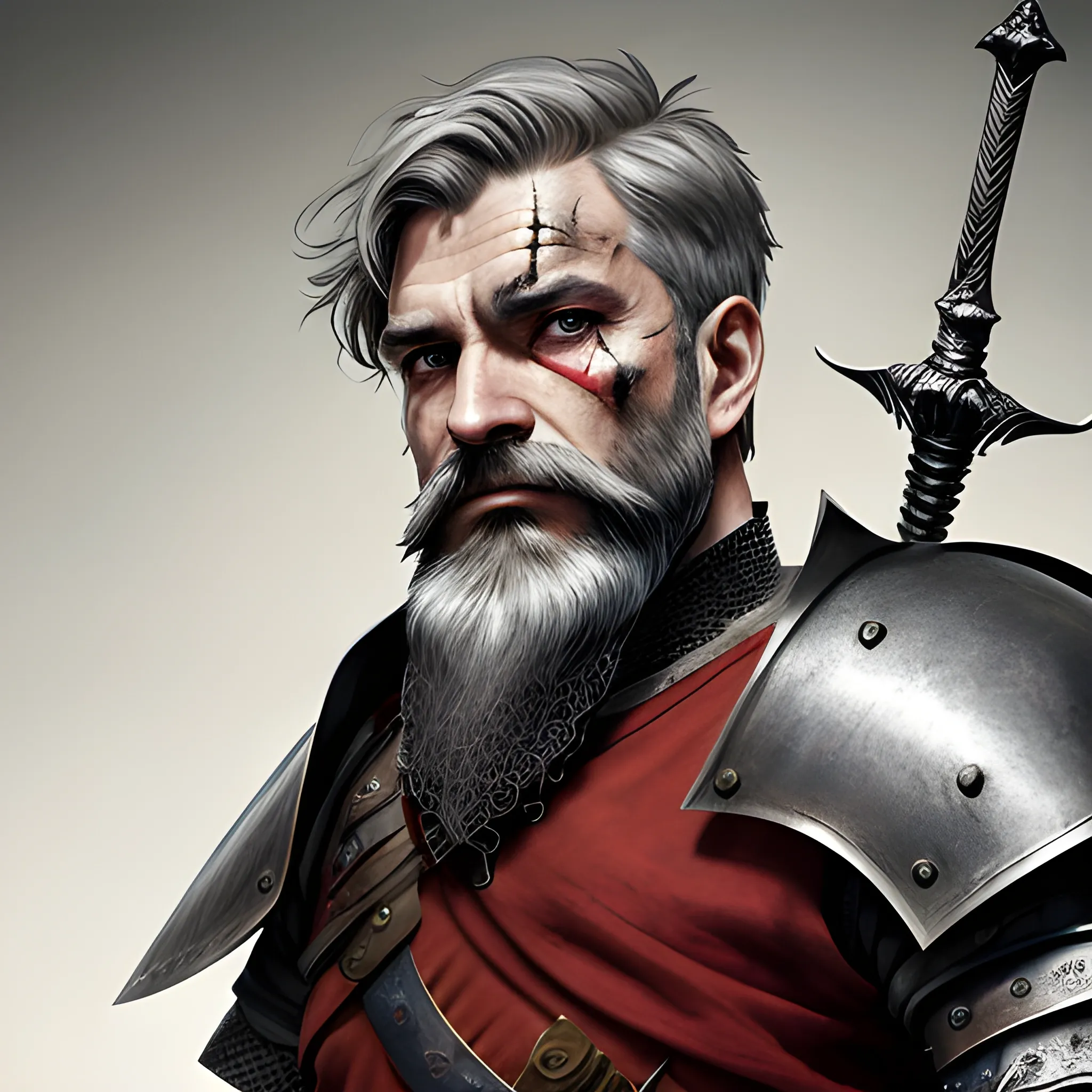 Knight with brown and greying hair, beard, scruff, short stout, rough, and strong armoured, with sword, red fabrics and scars. Rolled up sleeves and serious expression.