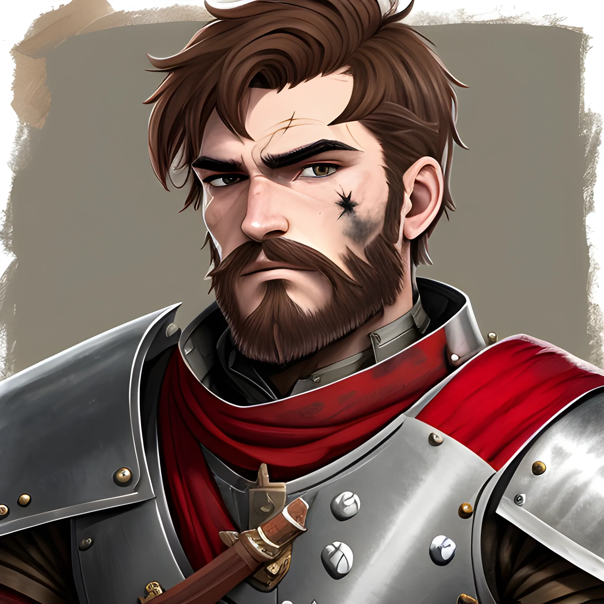 Knight with brown hair, short beard, scruff, short stout, rough, and strong armoured, with sword, red fabrics and scars. Rolled up sleeves and serious expression.