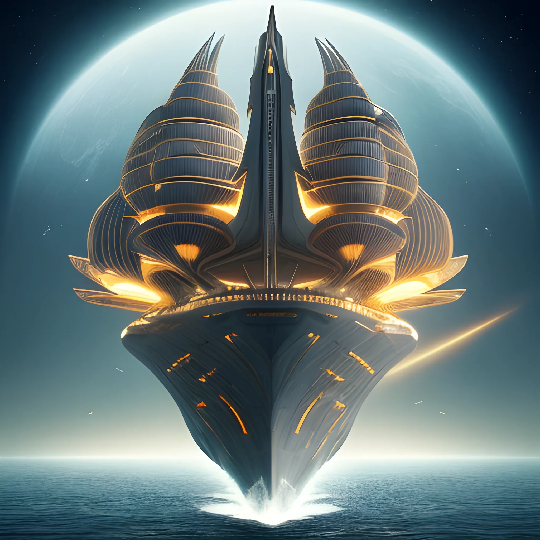 An awe-inspiring concept art piece that showcases a colossal futuristic starship with a groundbreaking design reminiscent of a unique closed-toed sandal-sneaker hybrid. The enormous ship, measuring an impressive 108' in length, gracefully glides past a captivating Titan-like planet adorned with 12 enchanting moons. The vast, star-filled expanse serves as a mesmerizing backdrop, enhancing the otherworldly atmosphere. The ship's two 24' diameter nacelles, positioned at 45° and 48° above the vessel, emit radiant golden light from their centers. The figure 8 shaped upper section stretches 24' high, 144' long, and 96' wide, with a 75° angle from the main body. The styles are the following: cinematic, 3d render, insanely symmetrical design, Leonardo Da Vinci., 