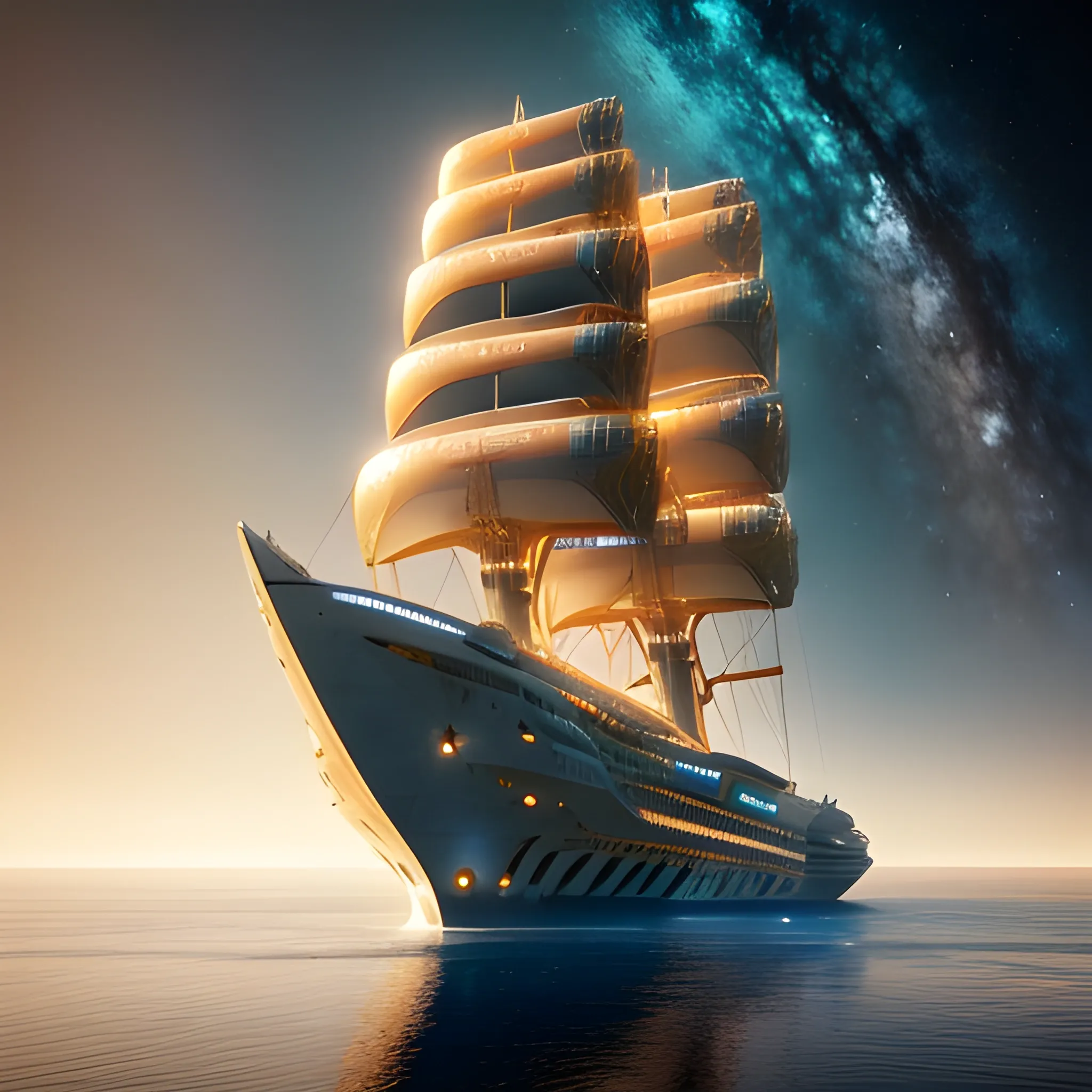 An awe-inspiring concept art piece that showcases a colossal futuristic starship with a groundbreaking design reminiscent of a unique closed-toed sandal-sneaker hybrid. The enormous ship, measuring an impressive 108' in length, gracefully glides past a captivating Titan-like planet adorned with 12 enchanting moons. The vast, star-filled expanse serves as a mesmerizing backdrop, enhancing the otherworldly atmosphere. The ship's two 24' diameter nacelles, positioned at 45° and 48° above the vessel, emit radiant golden light from their centers. The figure 8 shaped upper section stretches 24' high, 144' long, and 96' wide, with a 75° angle from the main body. The styles are the following: cinematic, 3d render, insanely symmetrical design, Leonardo Da Vinci., 