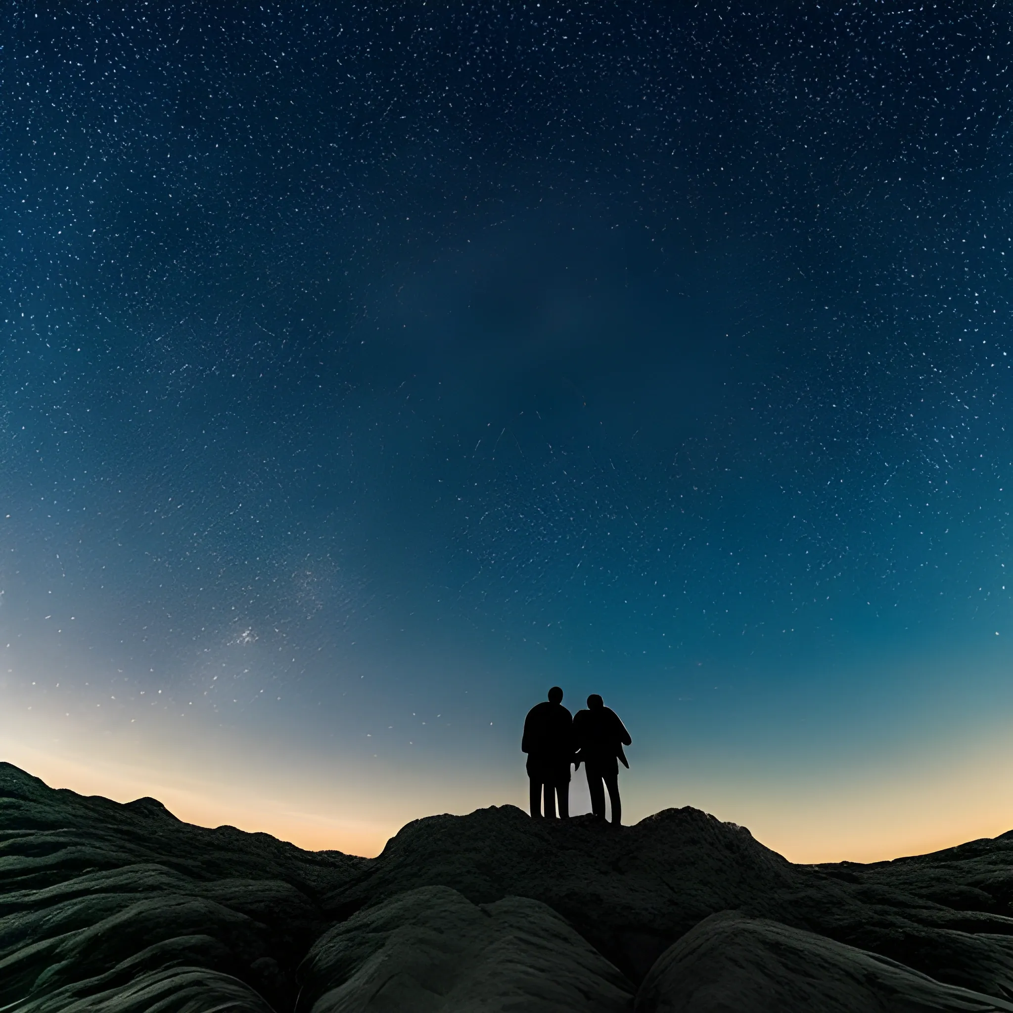 Genera una imagen que parezca una fotografía tomada de espaldas a dos amigos mirando hacia el cielo nocturno. El cielo está lleno de estrellas y se pueden ver todos los planetas del sistema solar, con Saturno claramente visible con sus anillos. Uno de los amigos lleva un traje de soldado, mientras que el otro usa una gorra blanca. La escena debe transmitir un sentimiento de asombro y compañerismo, 3D