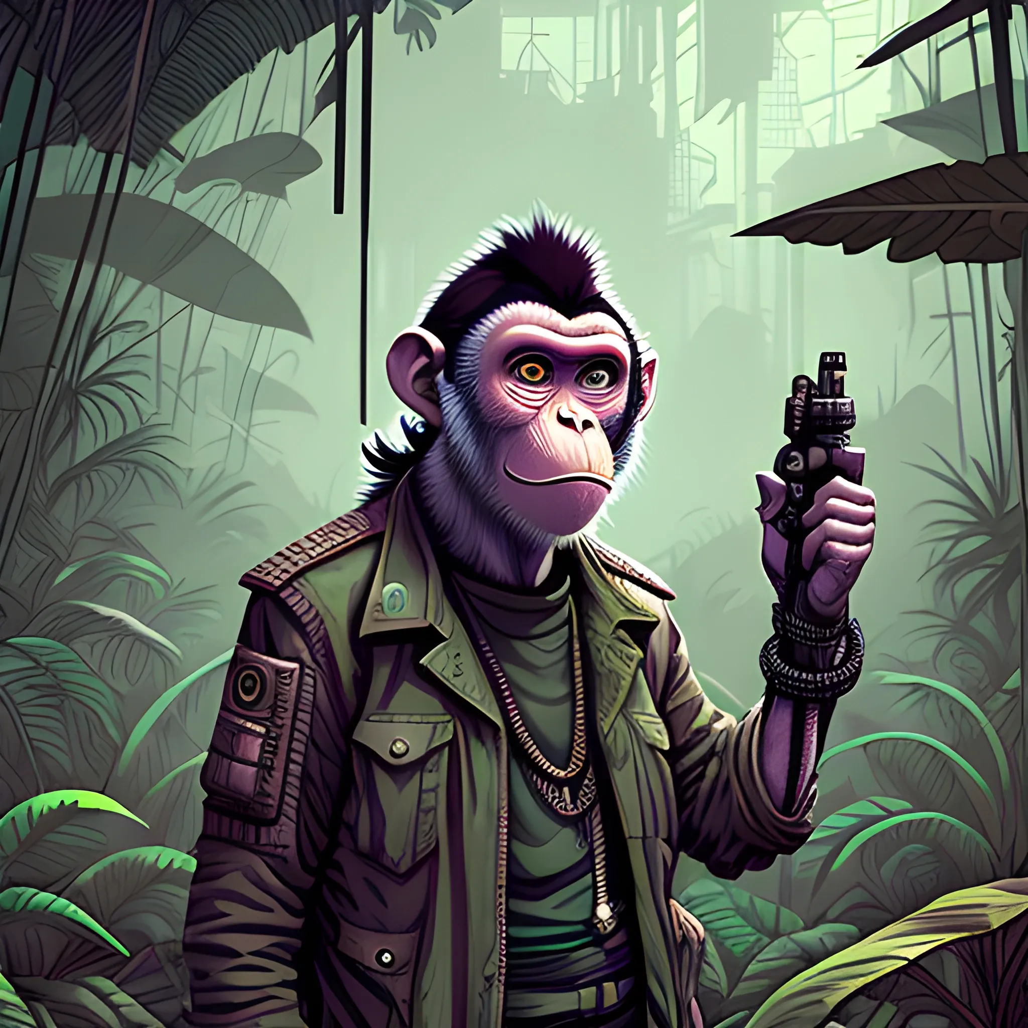 old monkey cyberpunk in a jungle, cold color palette, muted colors, detailed, 8k and cartoon style