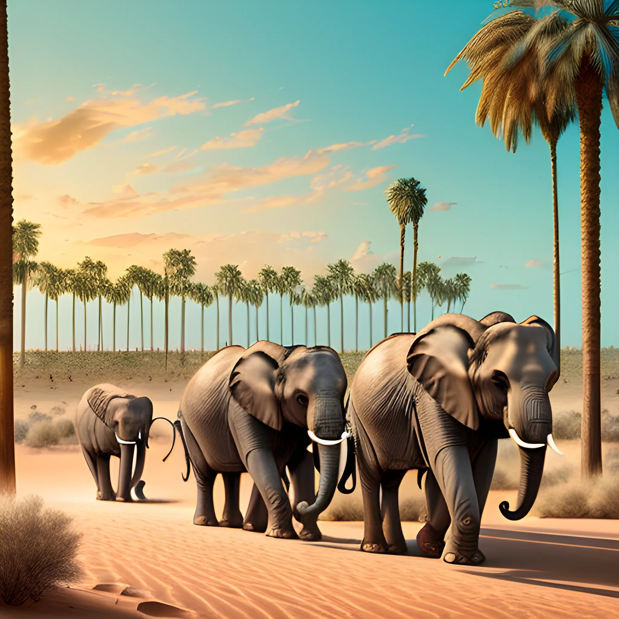 elephants in the middle of a desert full of palm trees and with lions around them ready to escape, detailed, warm colors, 4k and real looking
