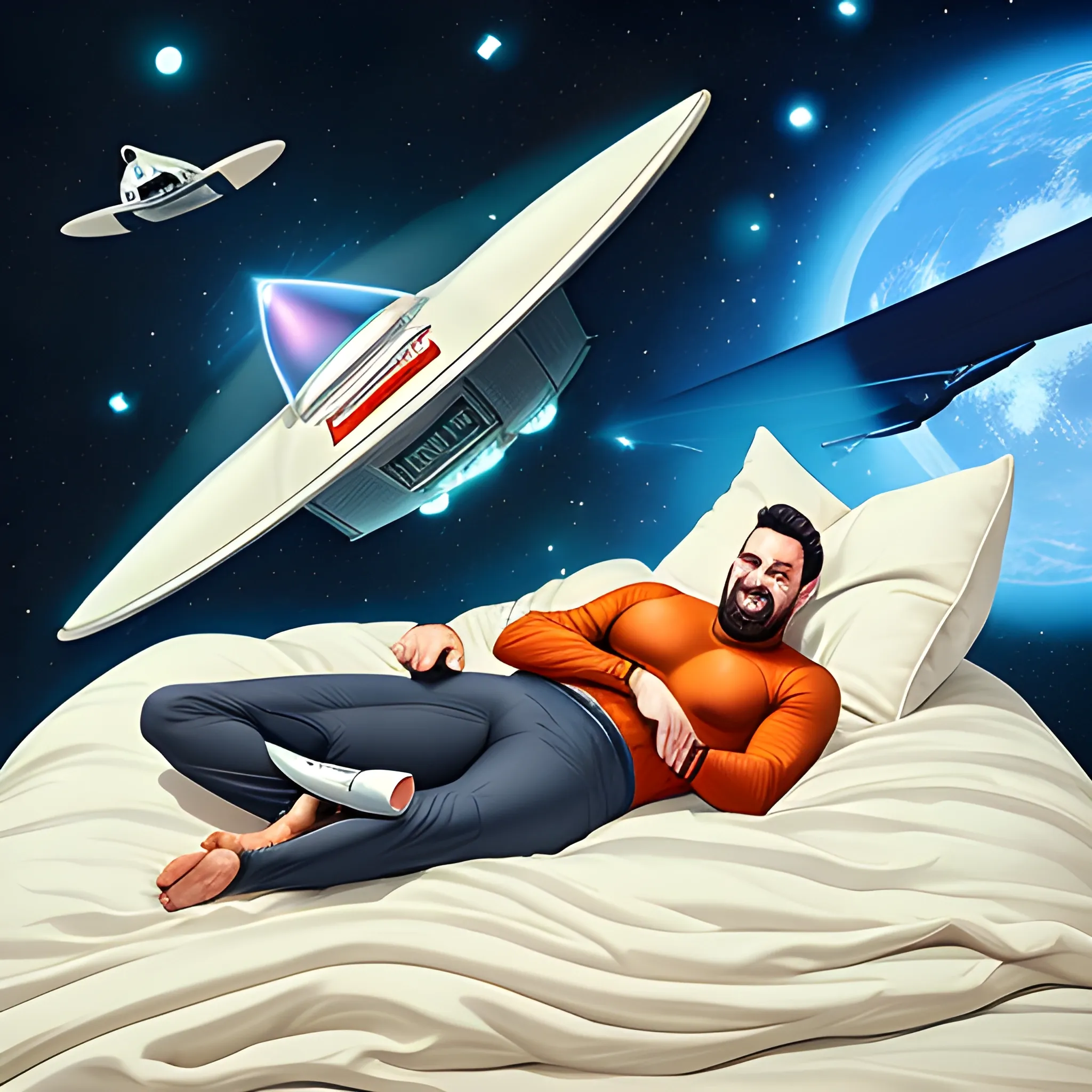 happy boy sleeping in his bed with his French bulldog dog accompanying him, dreaming that he flies in a spaceship, warm colors, realistic and detailed images
