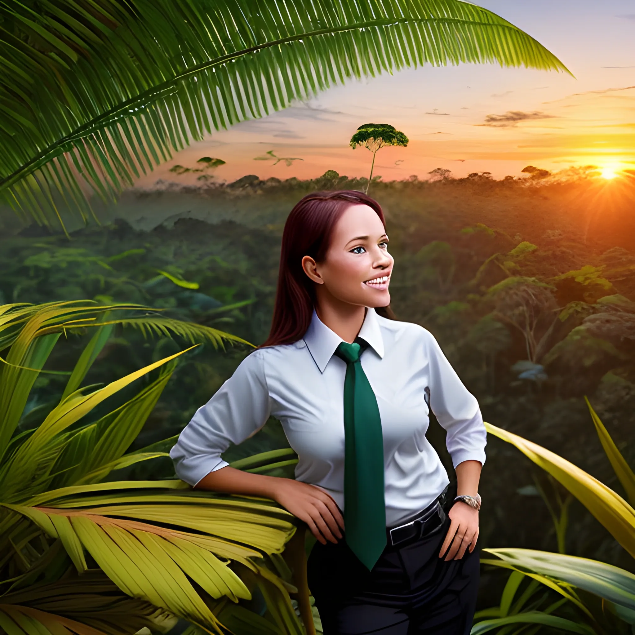 Cute executive in the Amazon jungle watching the sunrise, real color contrast, detailed and high resolution image