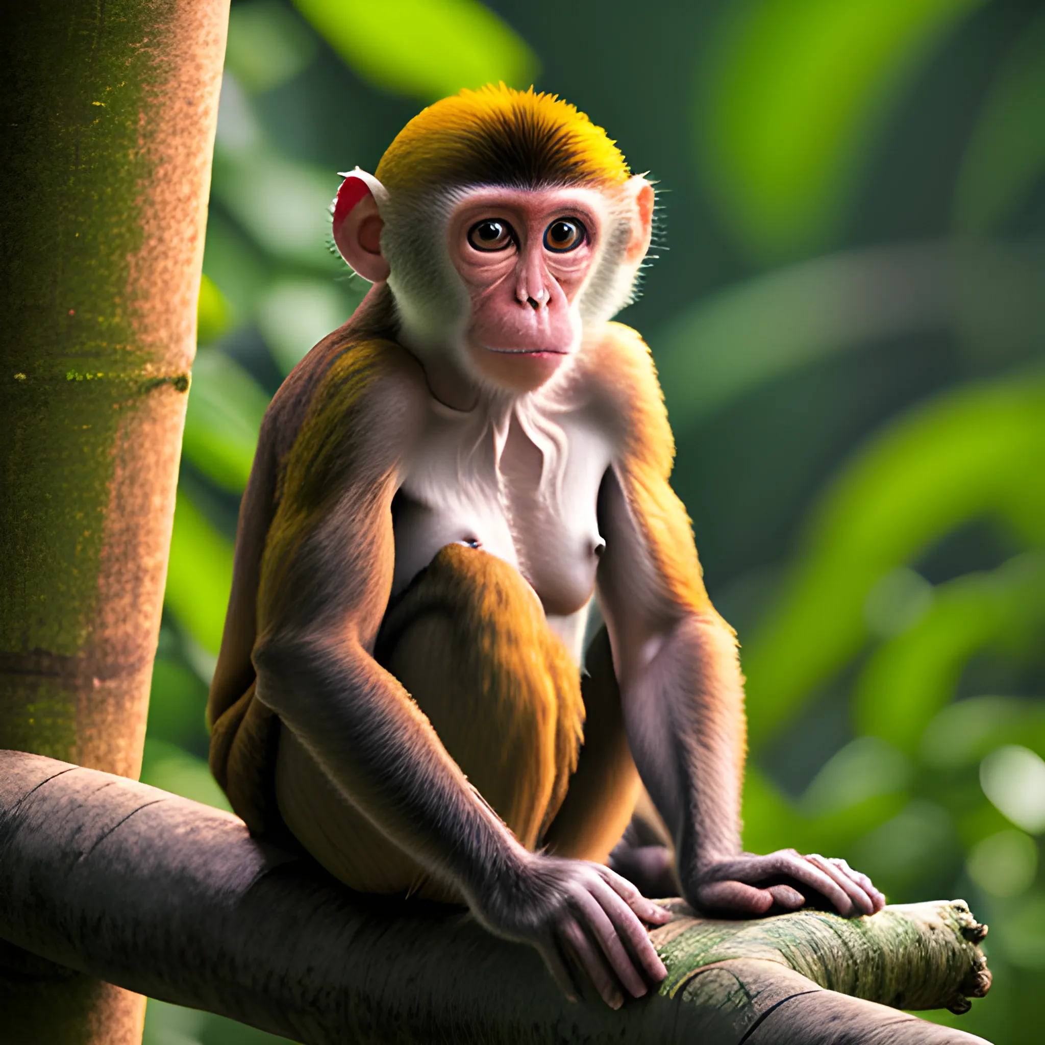 female monkey in the Amazon jungle watching the sunrise, real color contrast, detailed and high resolution image