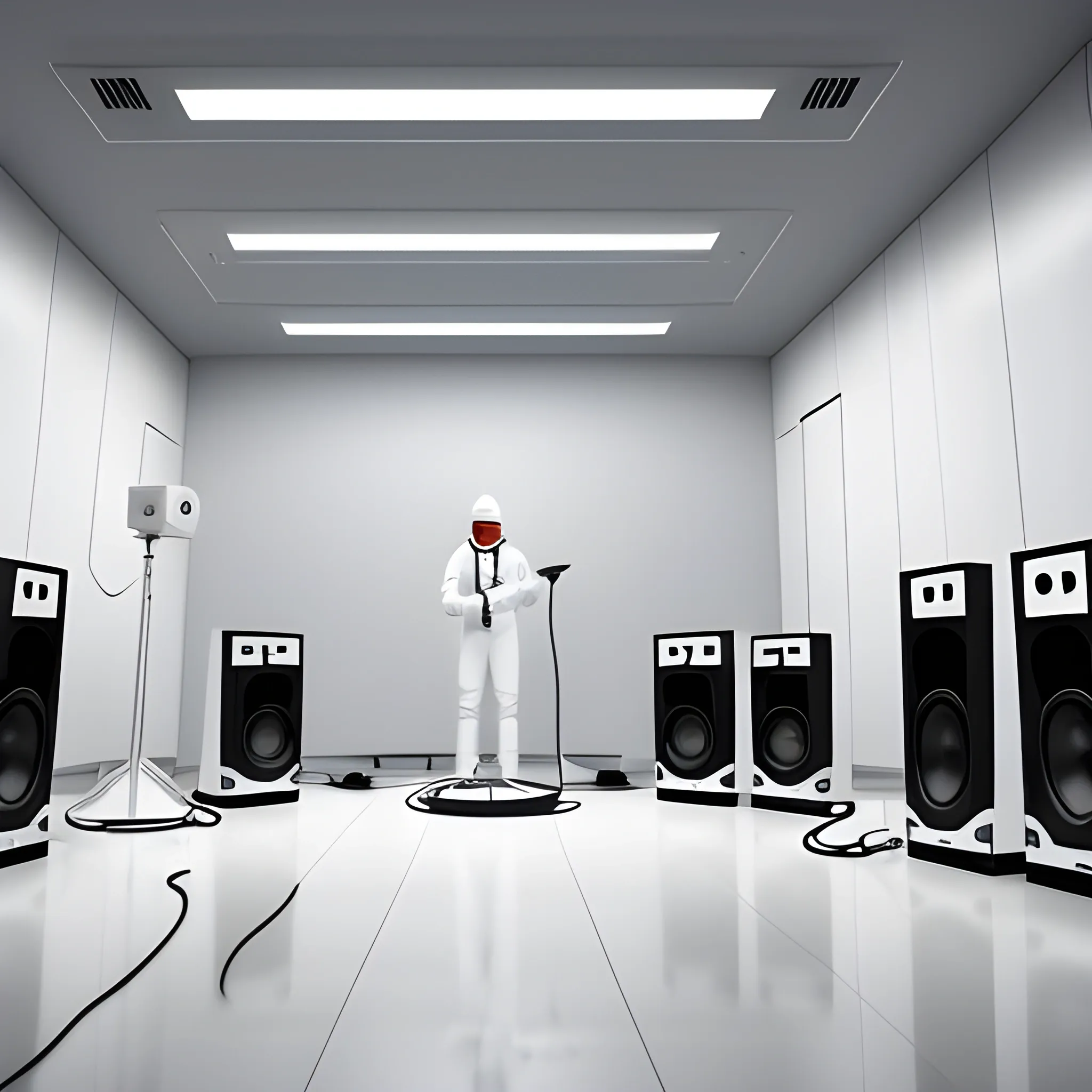 many of speakers in a white clean room with colorfuel wave and music notes
