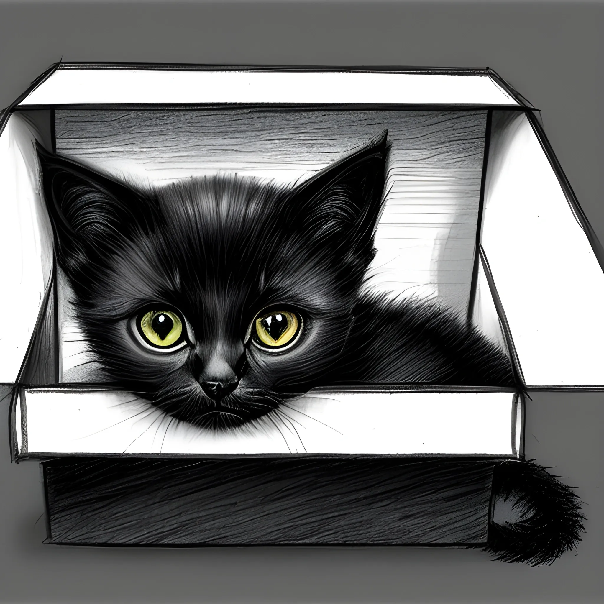 black kitten wakes up in the box, Pencil Sketch