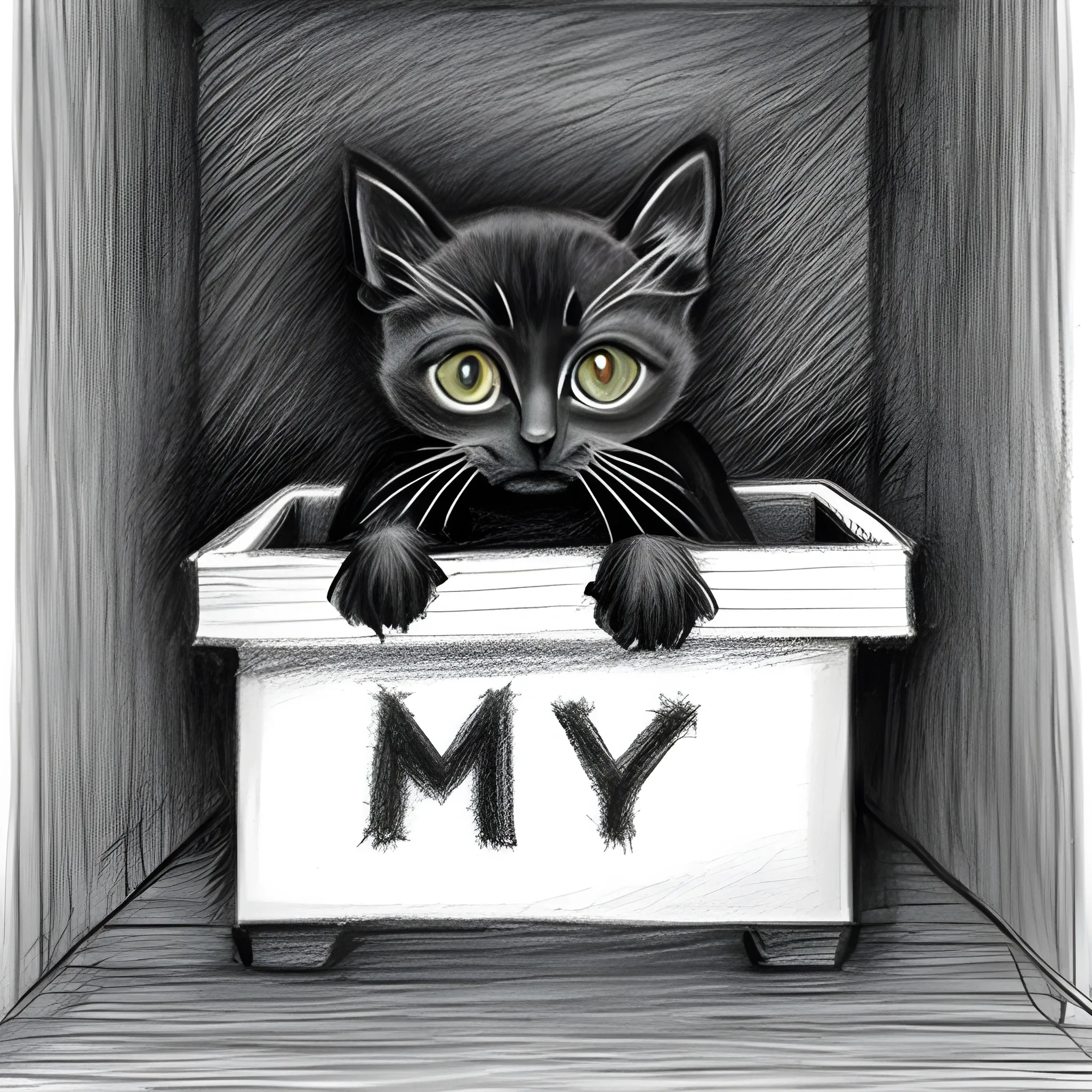 thin black kitten wakes up in the box in the dark corner of old building, Pencil Sketch