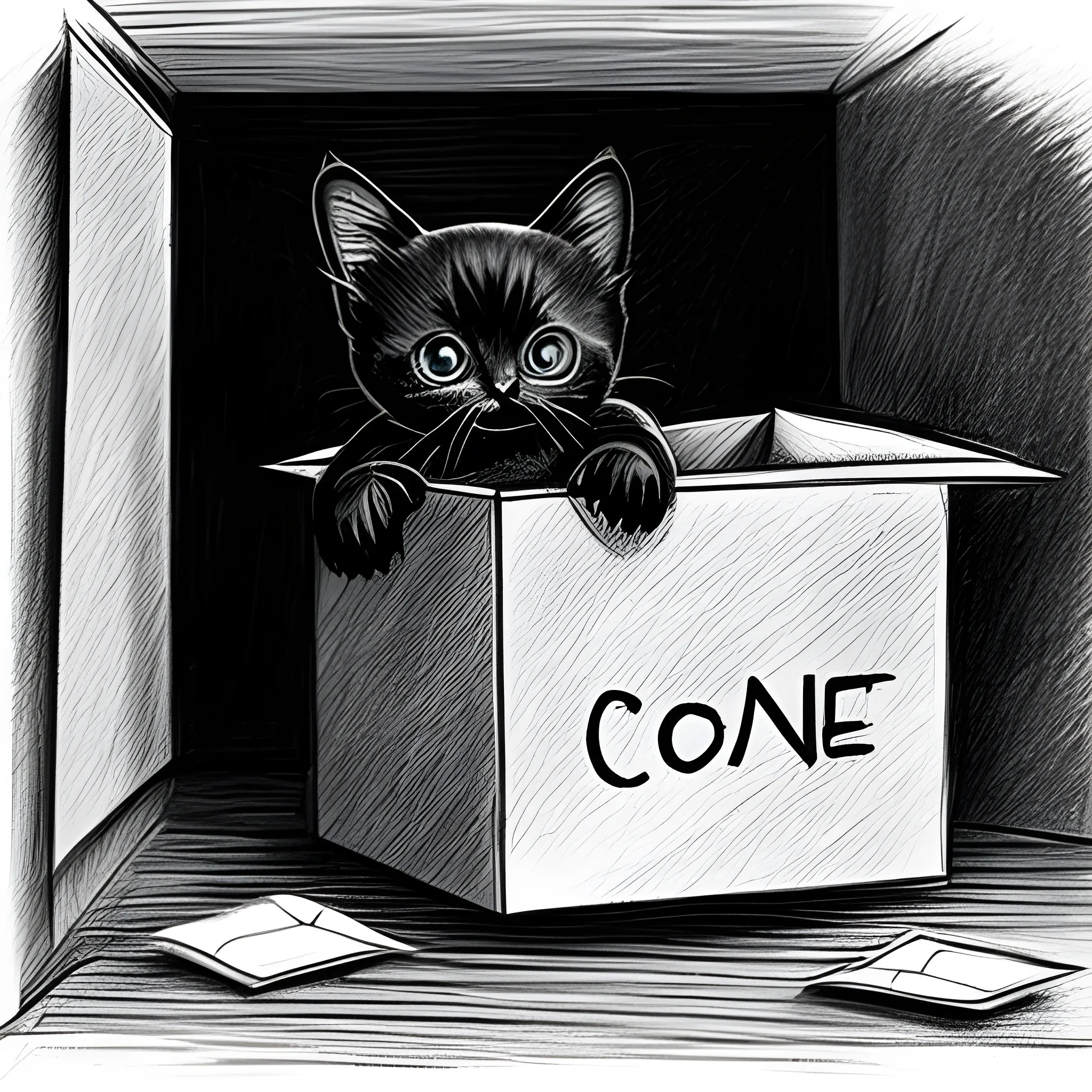 thin black kitten wakes up in the box in the dark corner of old building, there are many mess near to box, Pencil Sketch