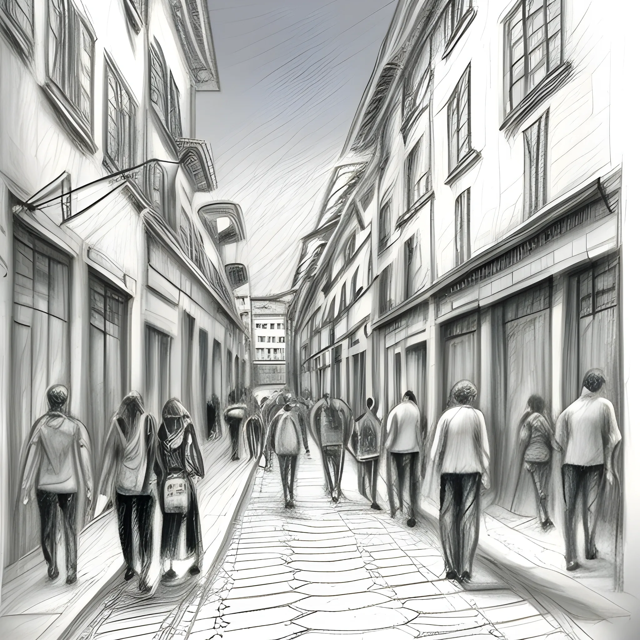 poor old Lisbon street, few people are walking ang talking, Pencil Sketch