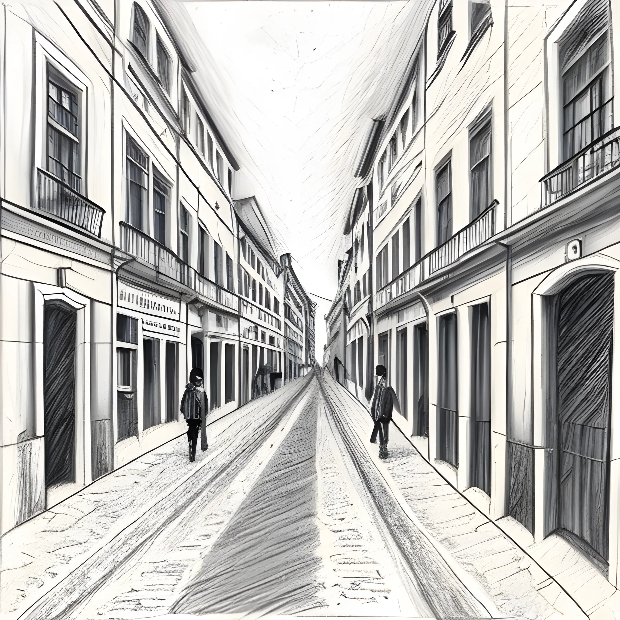 very poor old Lisbon street, some buildings are almost fall, few people are walking ang talking, Pencil Sketch