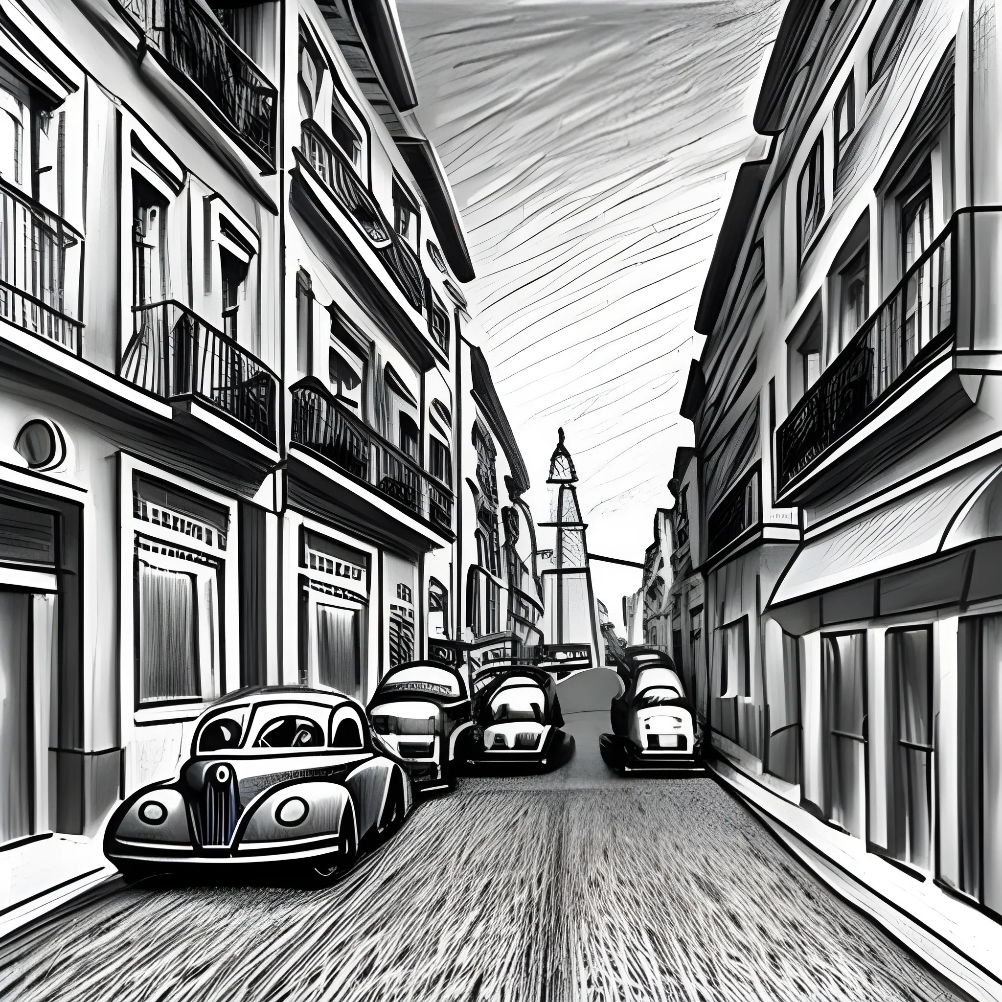 very rich 1940s Lisbon street with cars, lights, Pencil Sketch