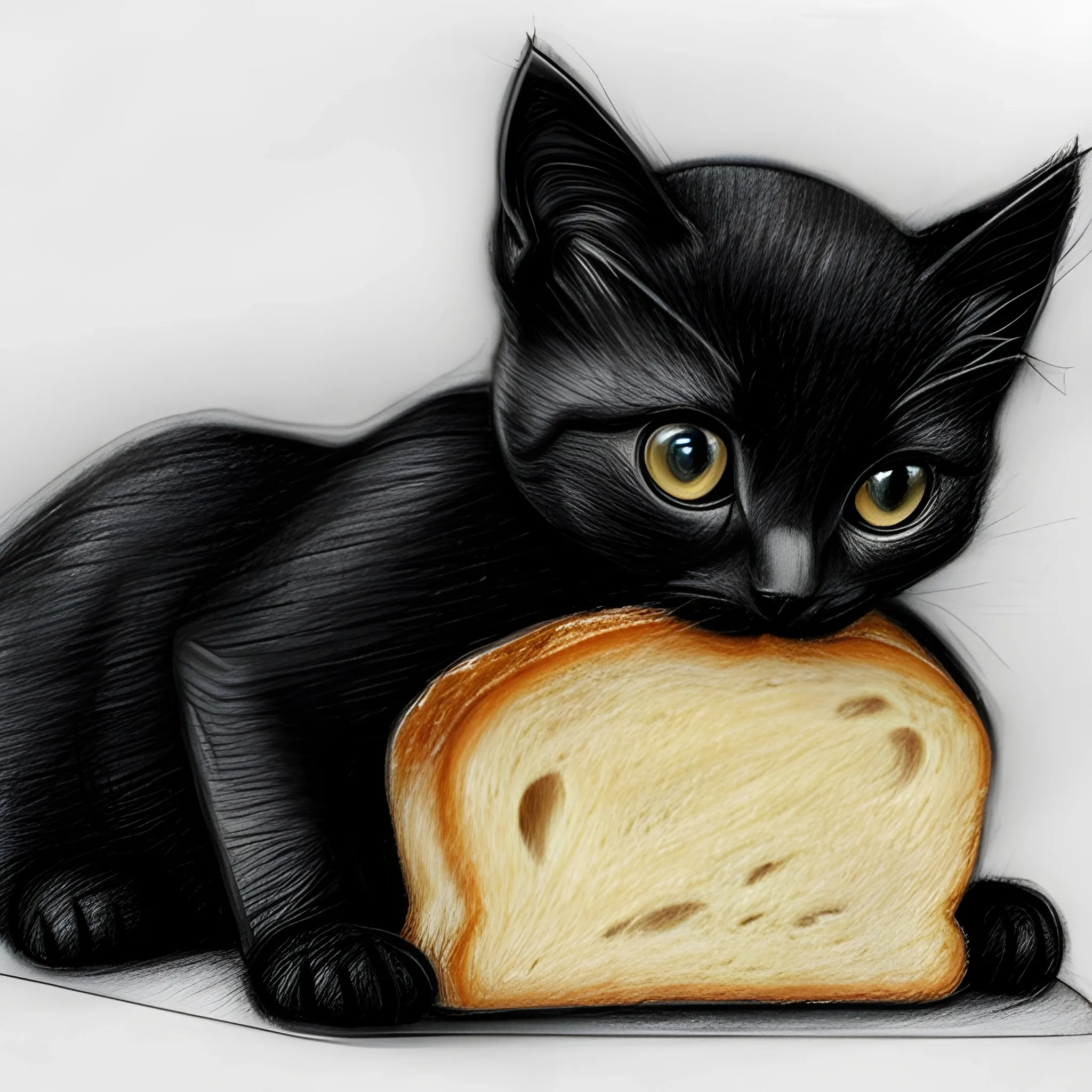 human hand with piece of bread in it, thin black kitten is eating this bread , Pencil Sketch