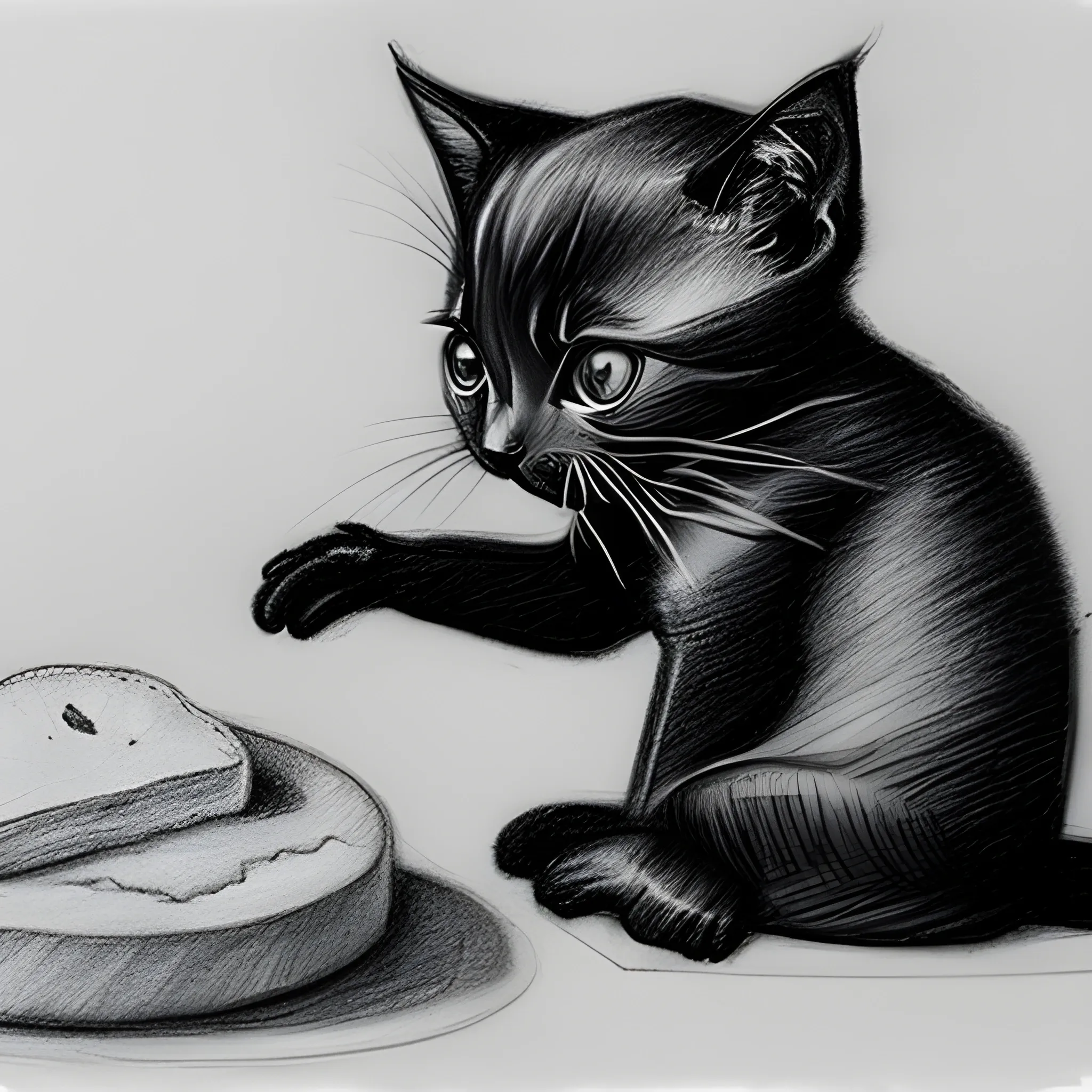 human hand with piece of bread in it, thin black kitten is eating this bread, Pencil Sketch