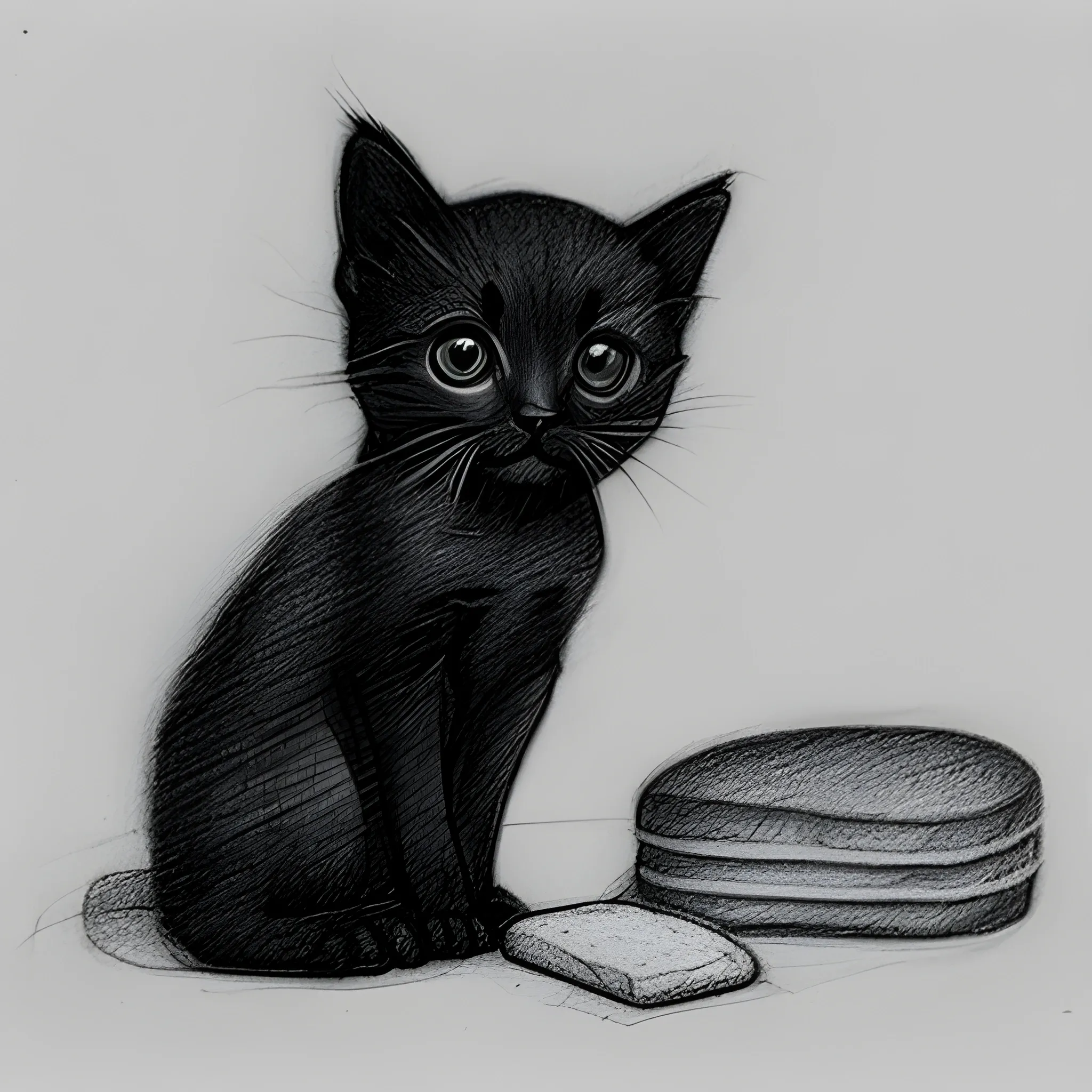 human hand with piece of bread in it, thin black kitten is eating this bread, Pencil Sketch