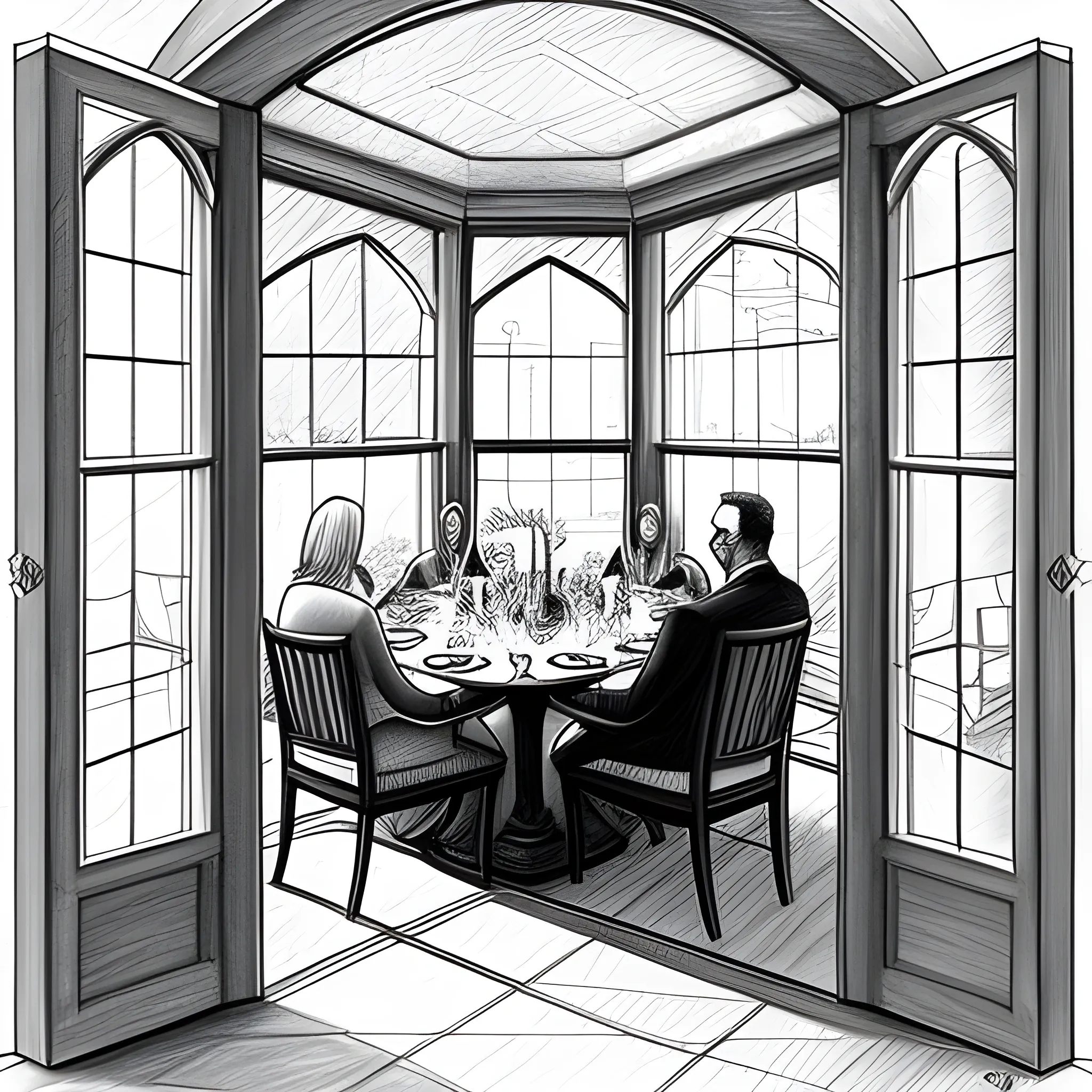 big window, inside we can see the rich family - mom, dad, 2 children, having dinner, Pencil Sketch