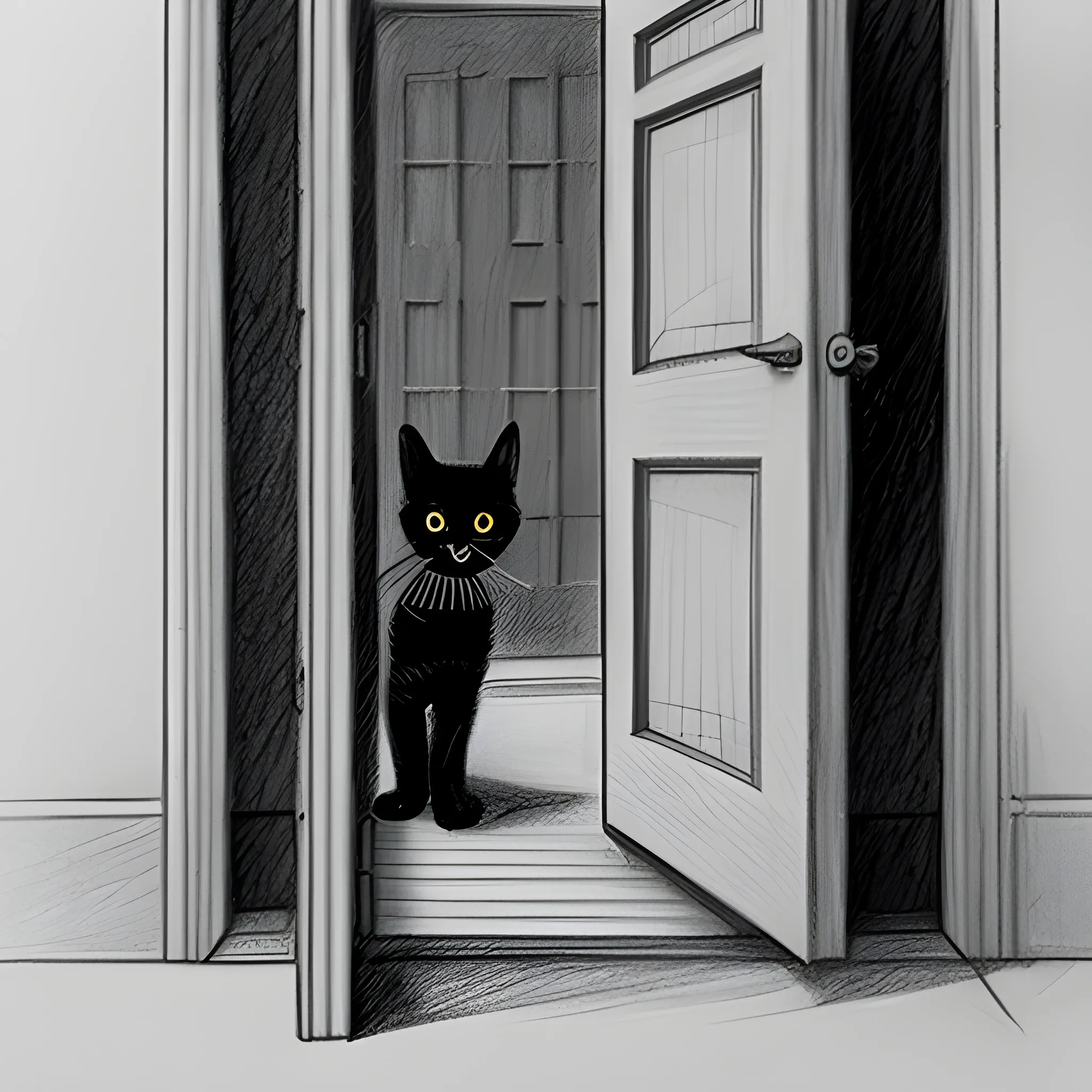 open door, thin black kitten going to house through the door, Pencil Sketch