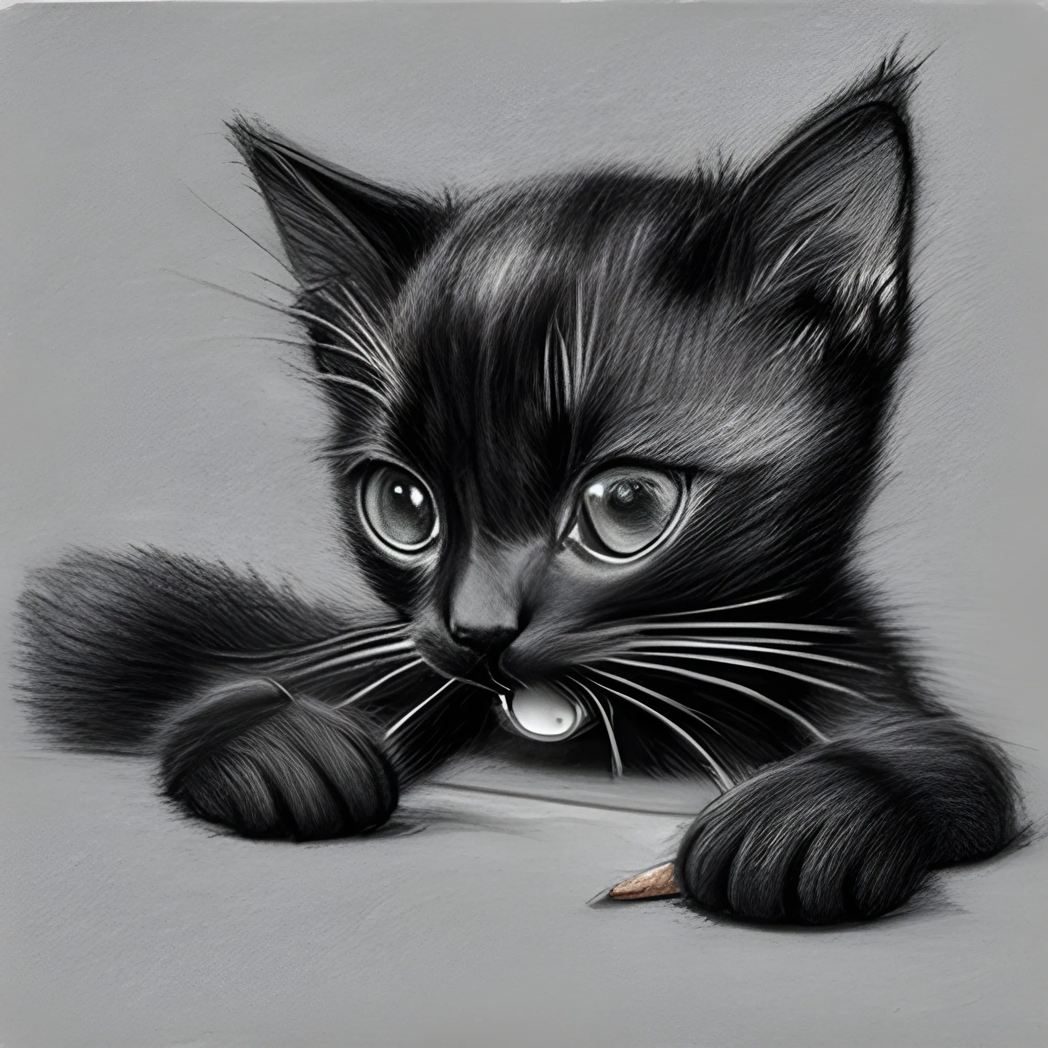 thin black kitten eating, Pencil Sketch