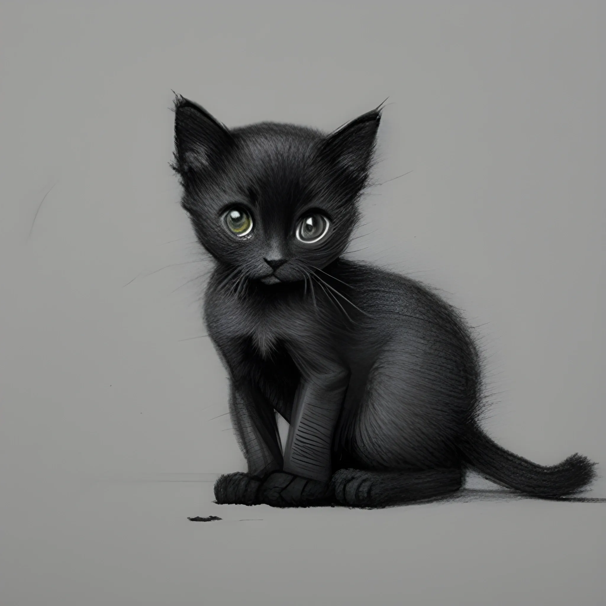 thin black kitten is eating, Pencil Sketch