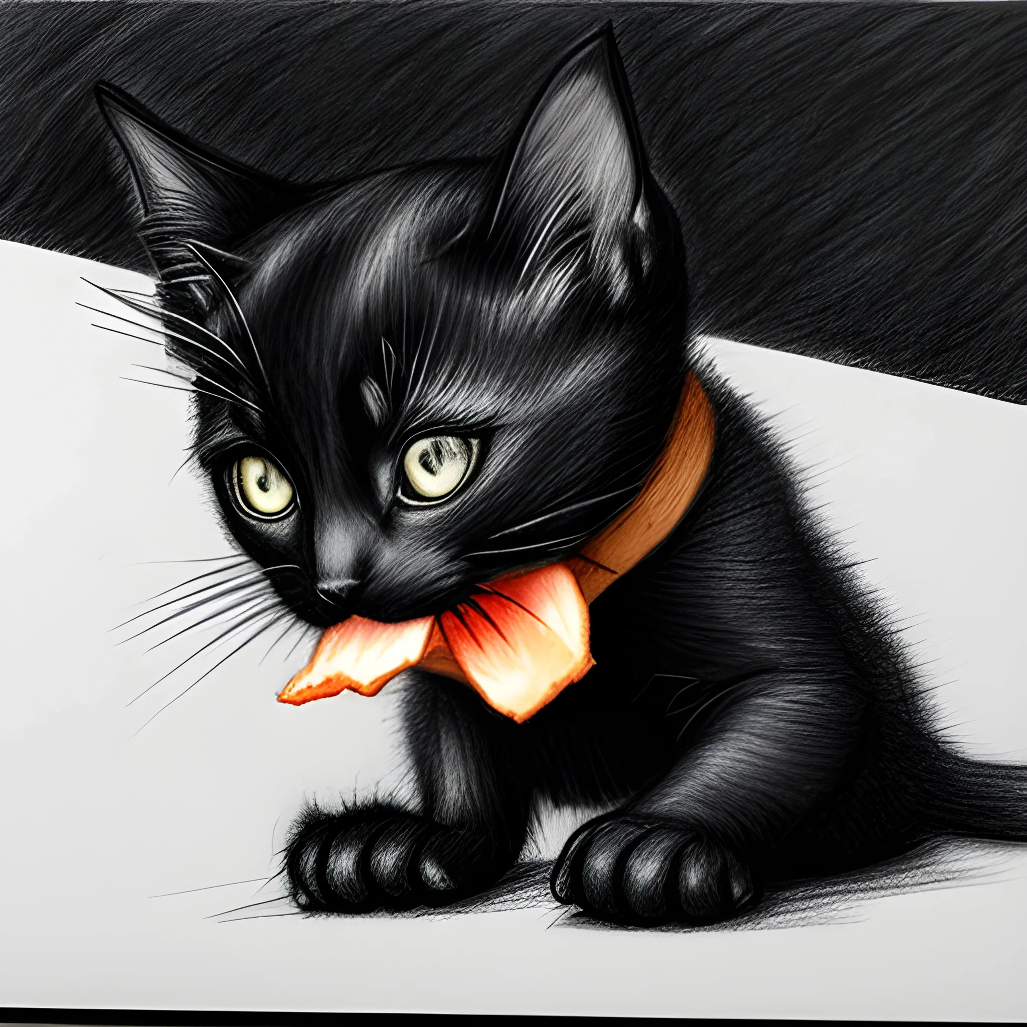 thin black kitten is eating meat, Pencil Sketch