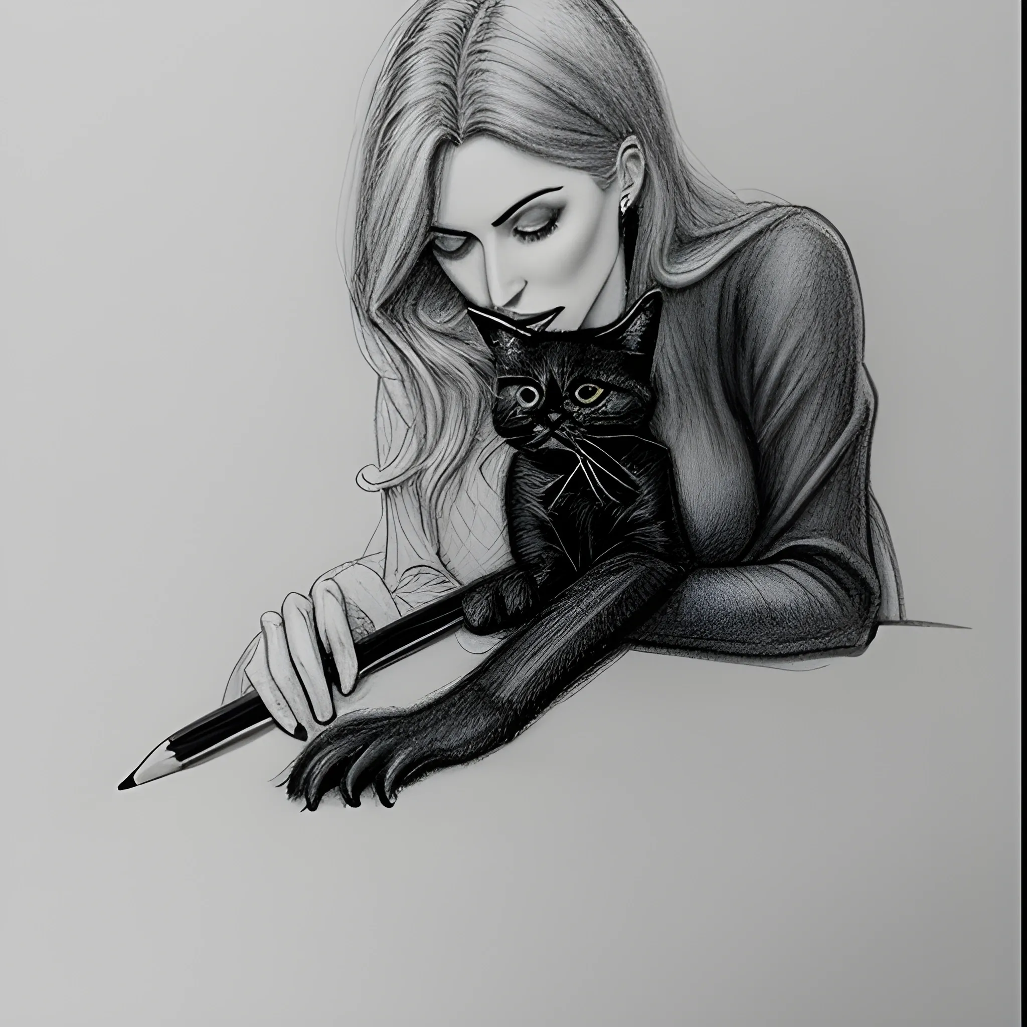 girl is stroking a thin black kitten, Pencil Sketch