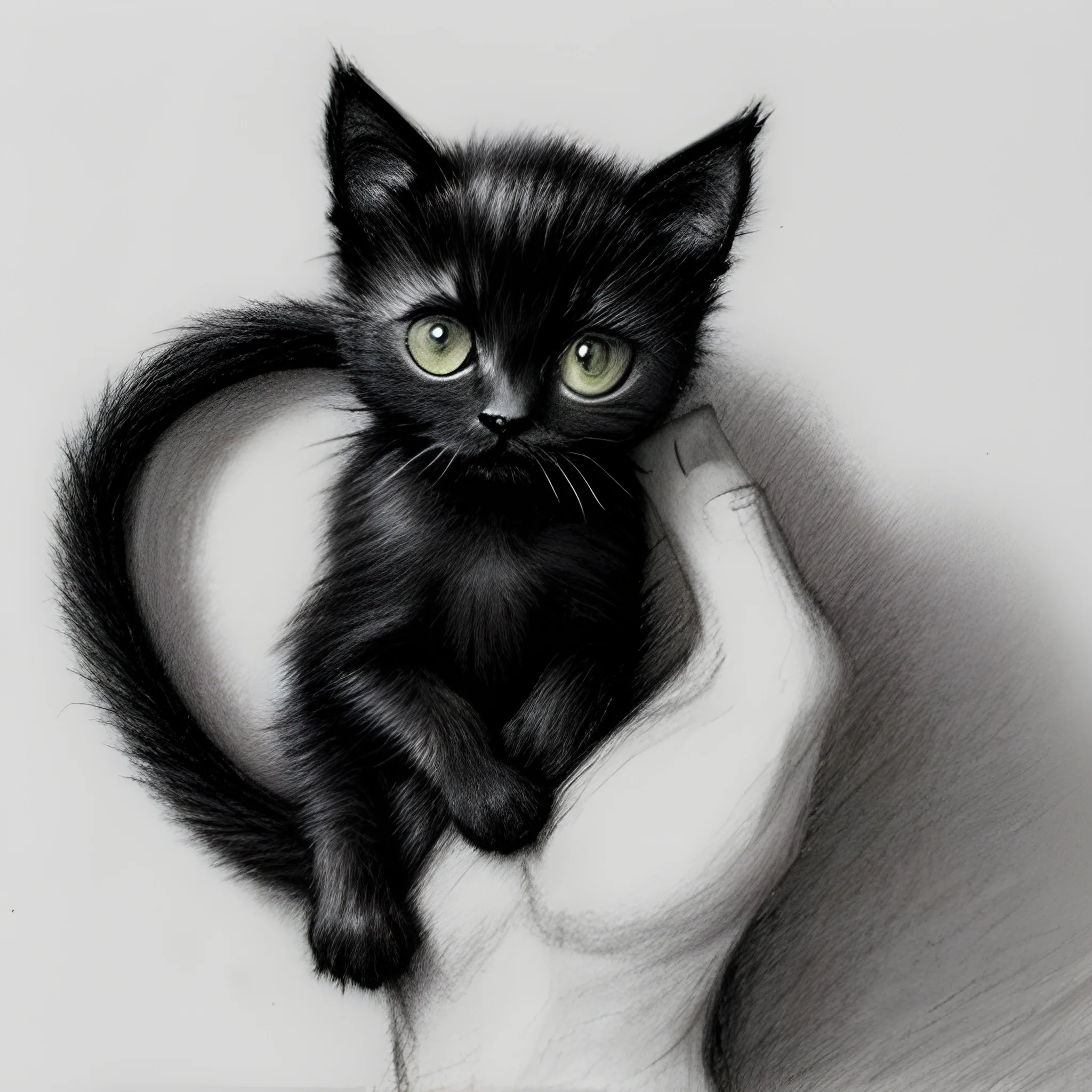 is stroking a thin black kitten, Pencil Sketch