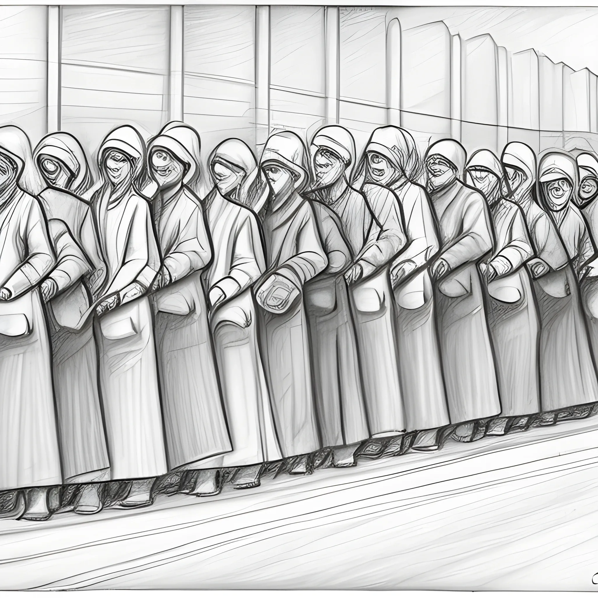 long line of people to take food, Pencil Sketch