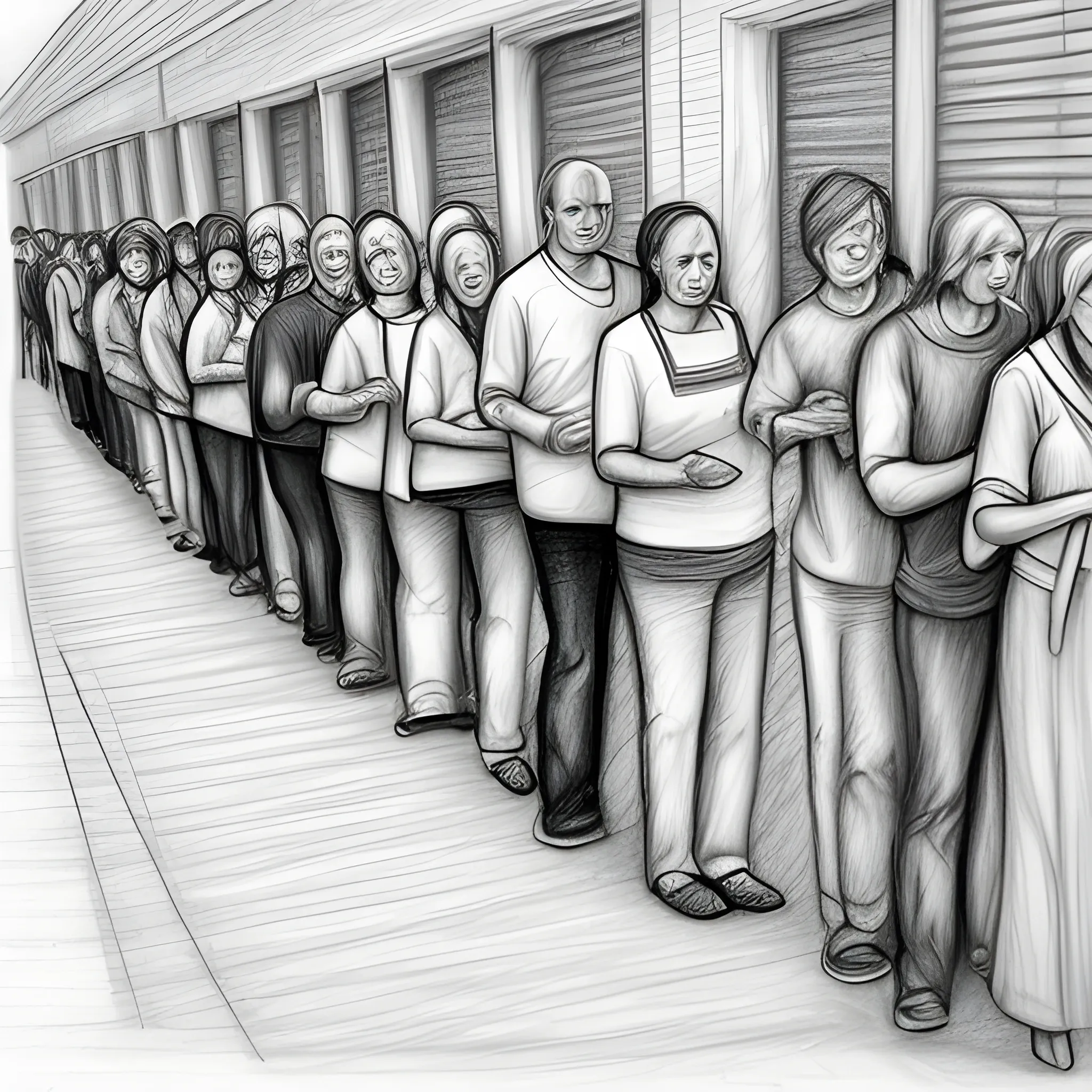 long line of people to take food, Pencil Sketch