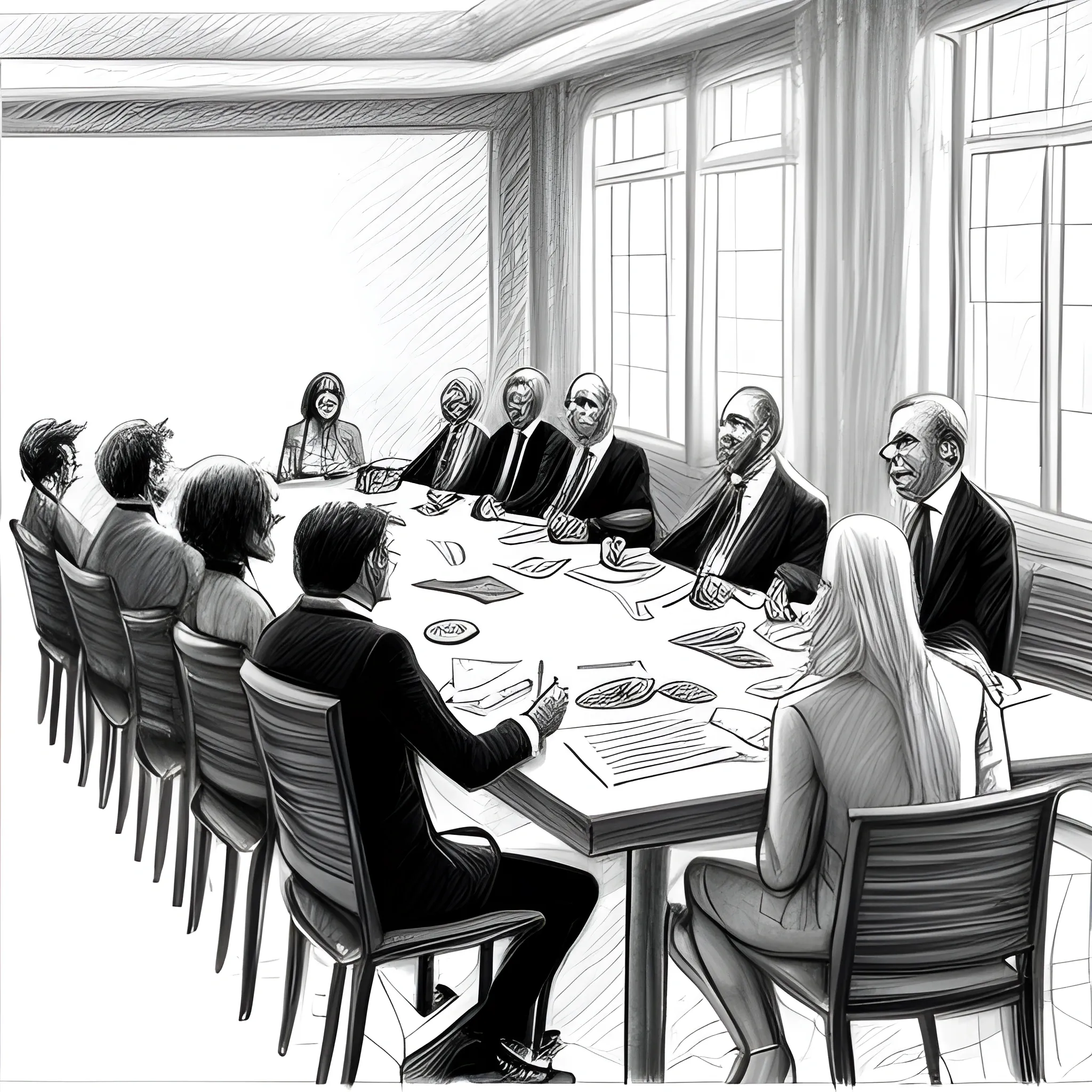 secret meeting, all people are sitting at the table, one is speaking standing, Pencil Sketch