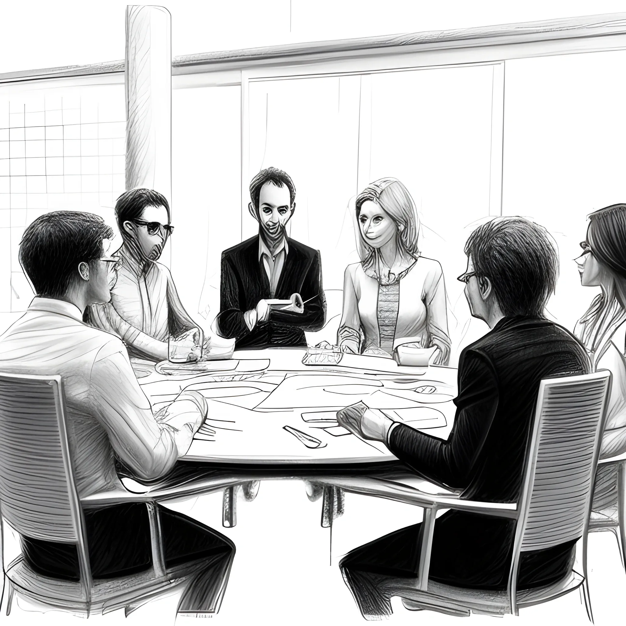 secret meeting, all people are sitting at the table, one is speaking standing, Pencil Sketch