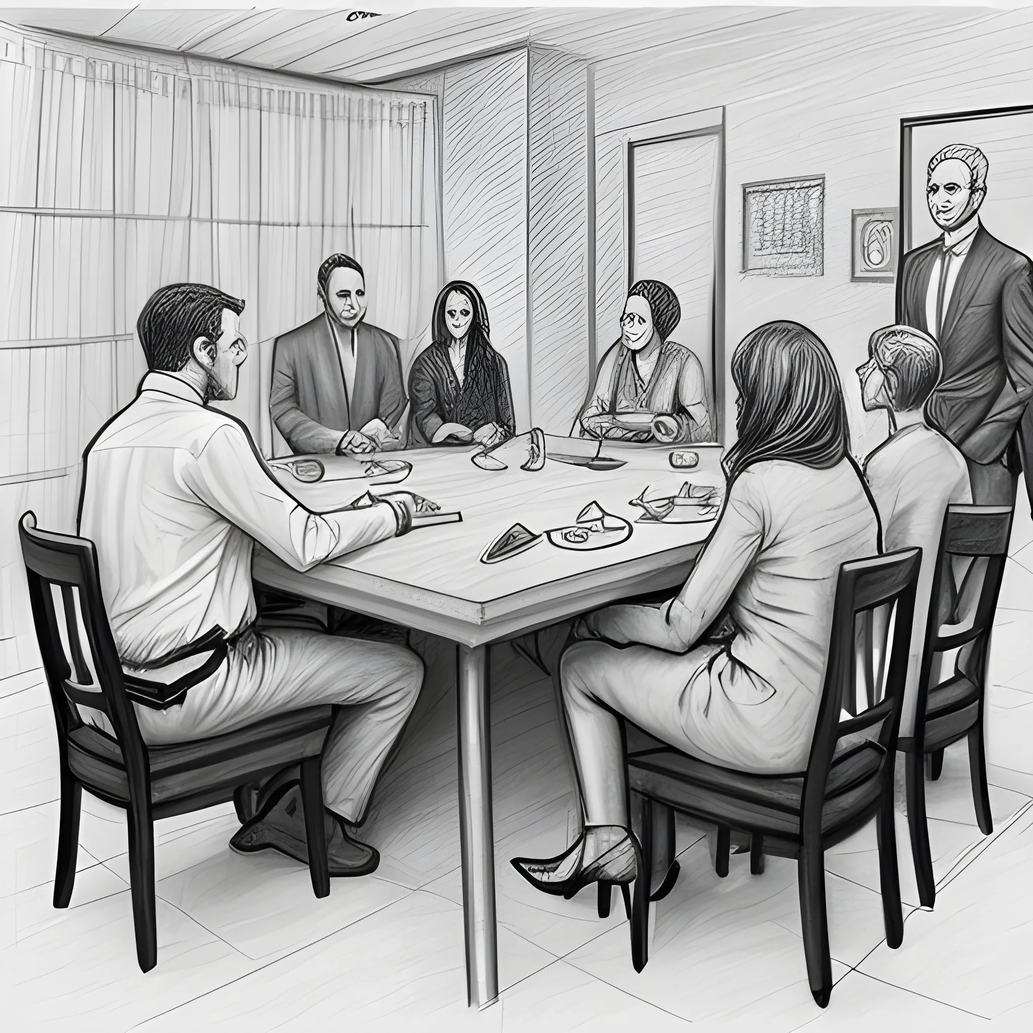 secret meeting, all people are sitting at the table, one is speaking standing, Pencil Sketch